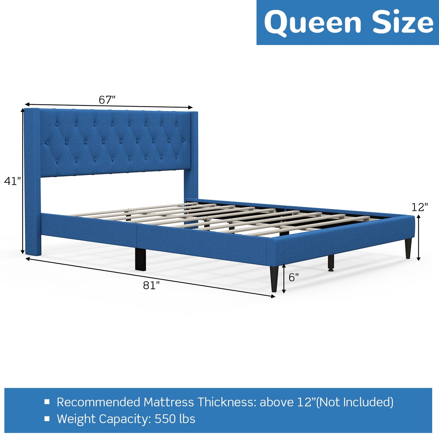 Modern Queen Size Upholstered Platform Bed with Button Tufted Wingback Headboard – Blue