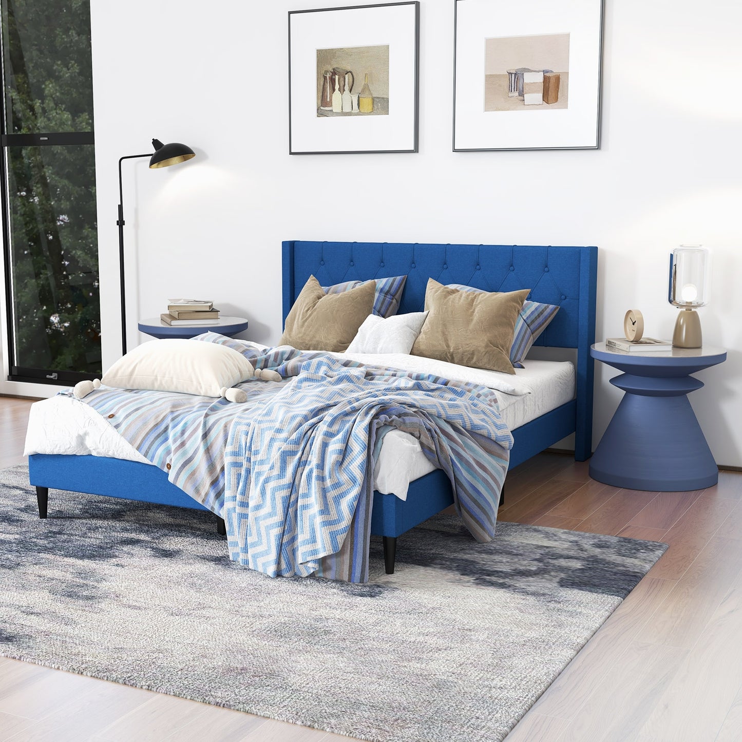 Modern Queen Size Upholstered Platform Bed with Button Tufted Wingback Headboard – Blue