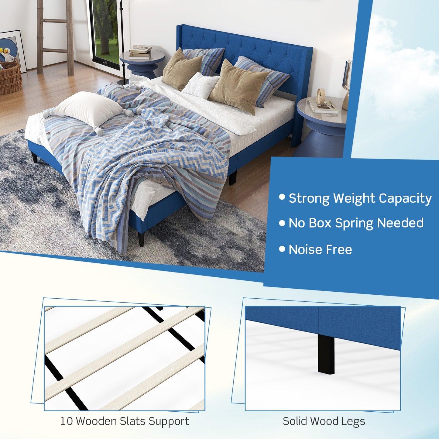 Modern Queen Size Upholstered Platform Bed with Button Tufted Wingback Headboard – Blue