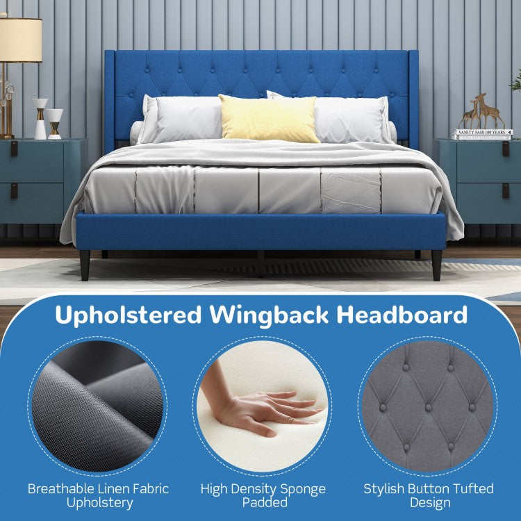 Modern Queen Size Upholstered Platform Bed with Button Tufted Wingback Headboard – Blue