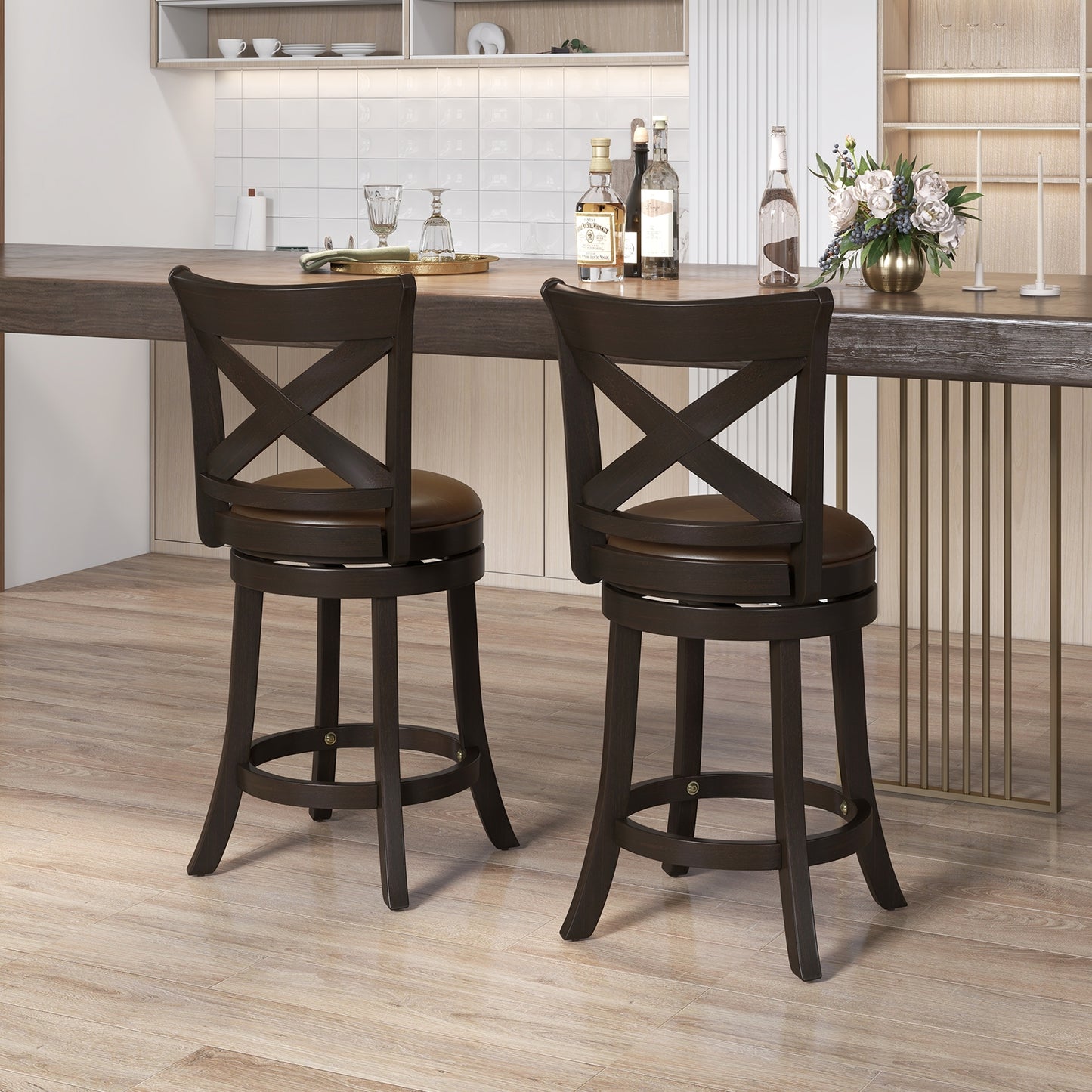 360° Swivel Bar Stool with Curved Backrest and PU Leather Seat with Footrest 26 Inch