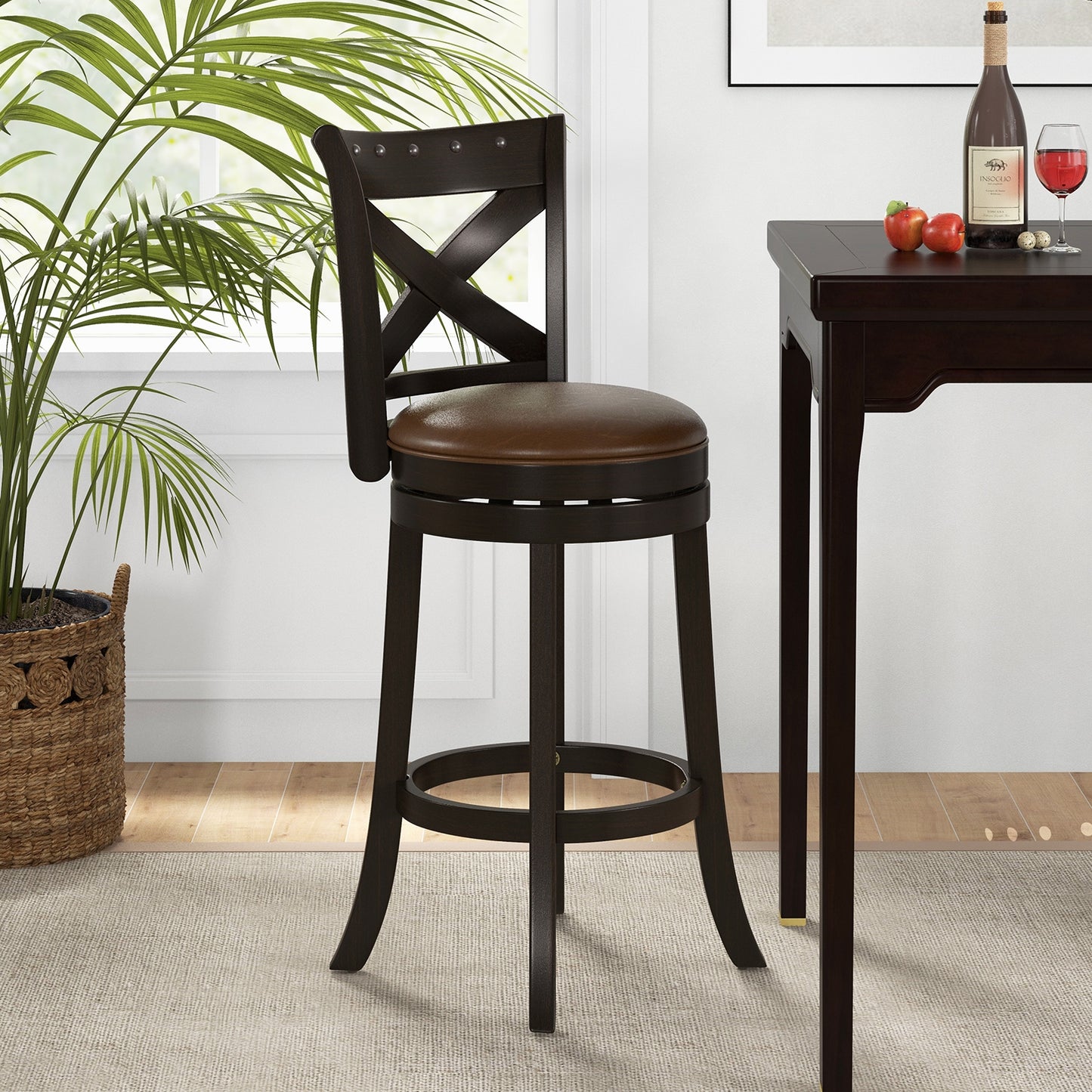 360° Swivel Bar Stool with Curved Backrest and PU Leather Seat with Footrest 31 Inch