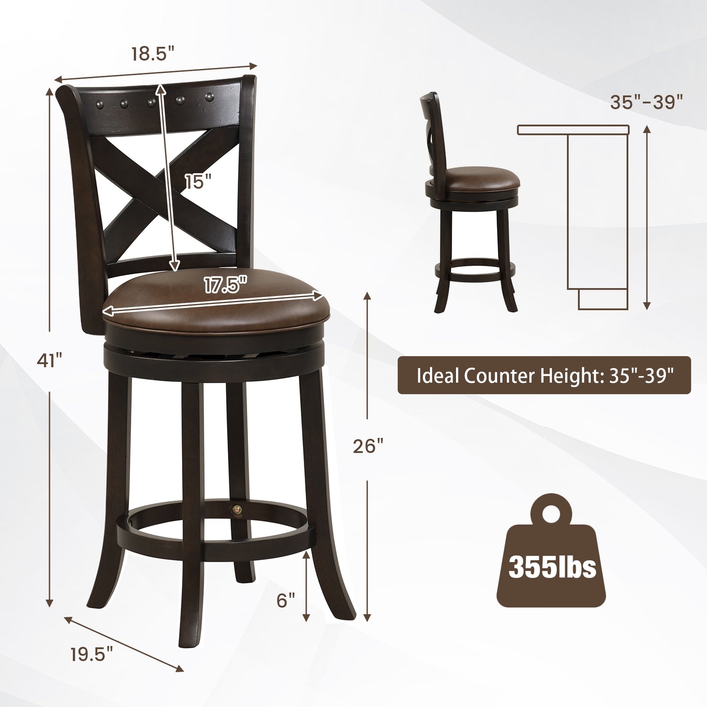 360° Swivel Bar Stool with Curved Backrest and PU Leather Seat with Footrest 26 Inch