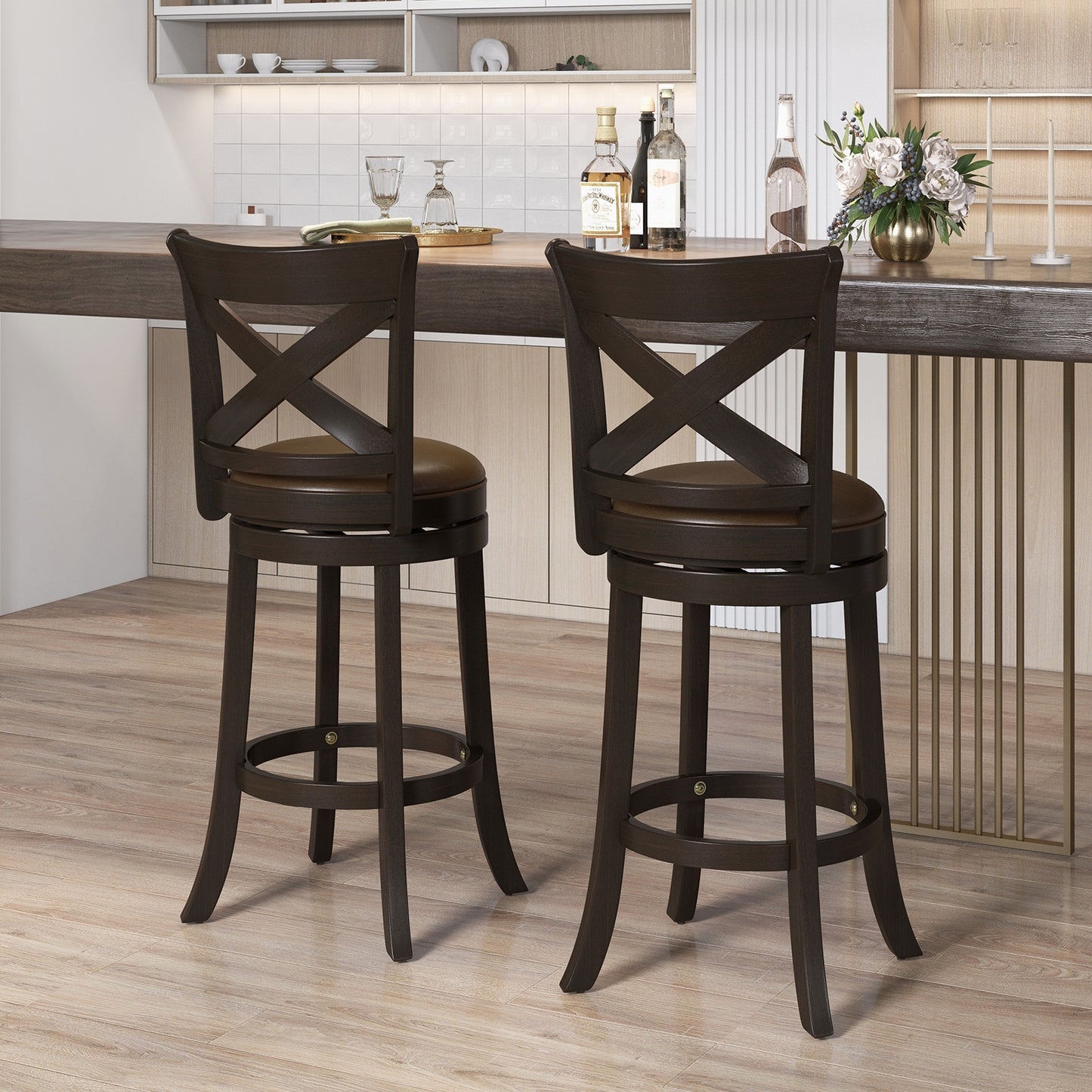 360° Swivel Bar Stool with Curved Backrest and PU Leather Seat with Footrest 31 Inch