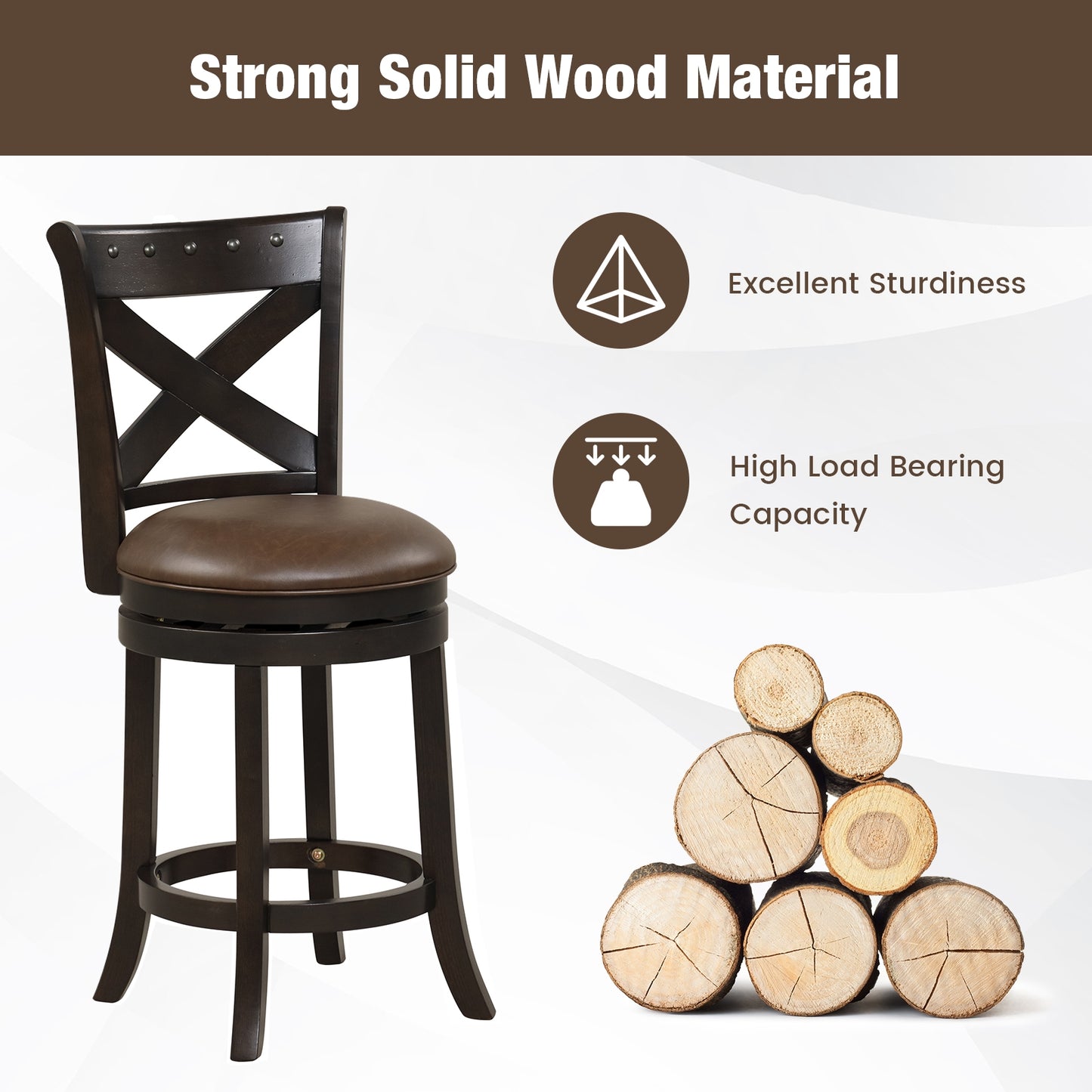 360° Swivel Bar Stool with Curved Backrest and PU Leather Seat with Footrest 26 Inch