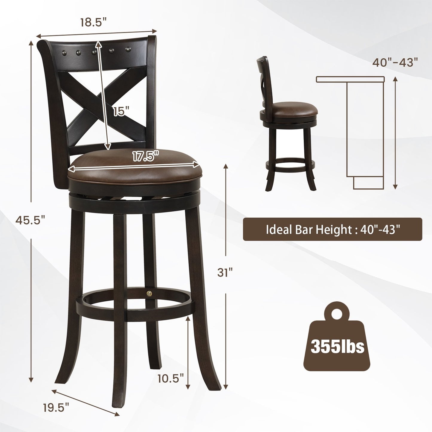 360° Swivel Bar Stool with Curved Backrest and PU Leather Seat with Footrest 31 Inch