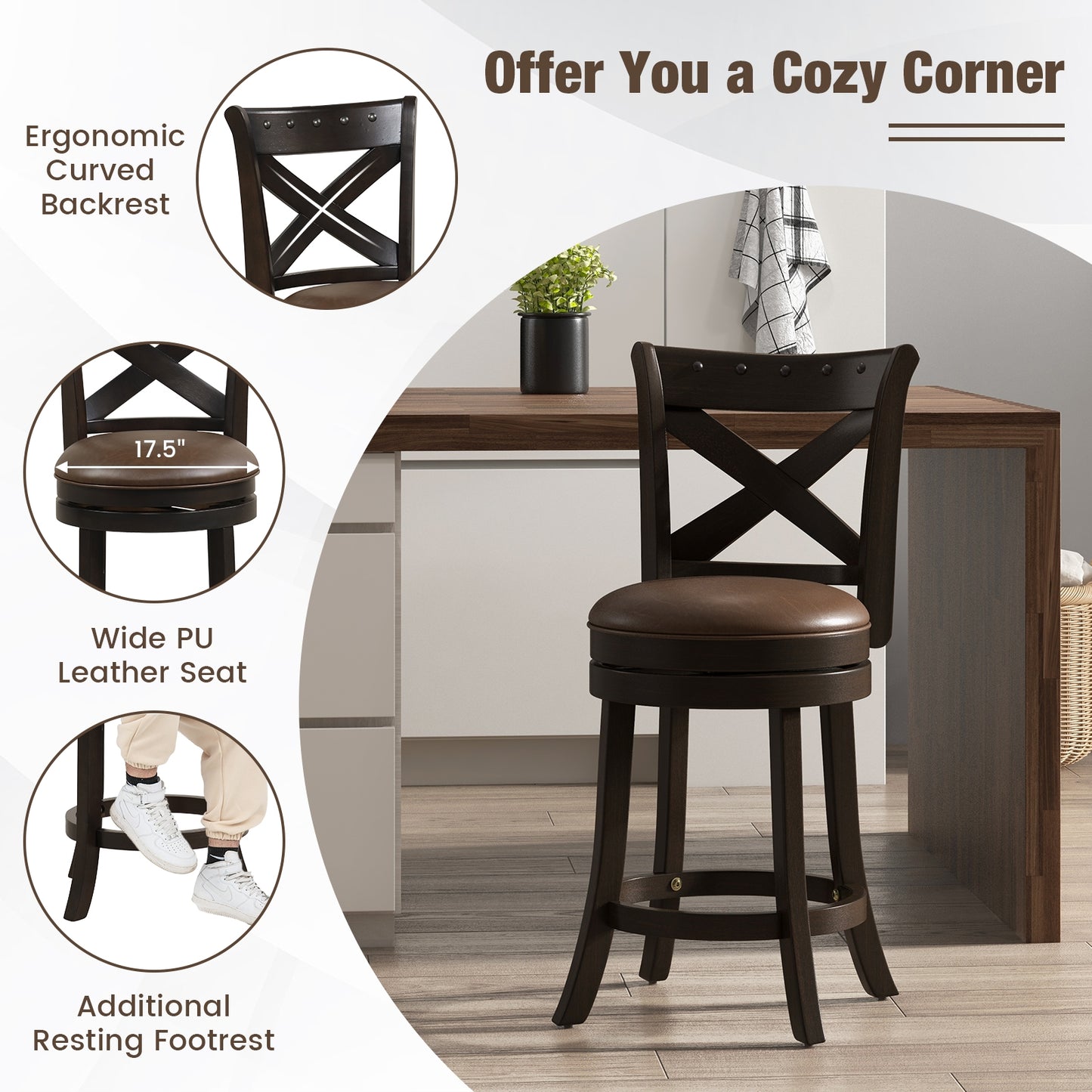 360° Swivel Bar Stool with Curved Backrest and PU Leather Seat with Footrest 26 Inch