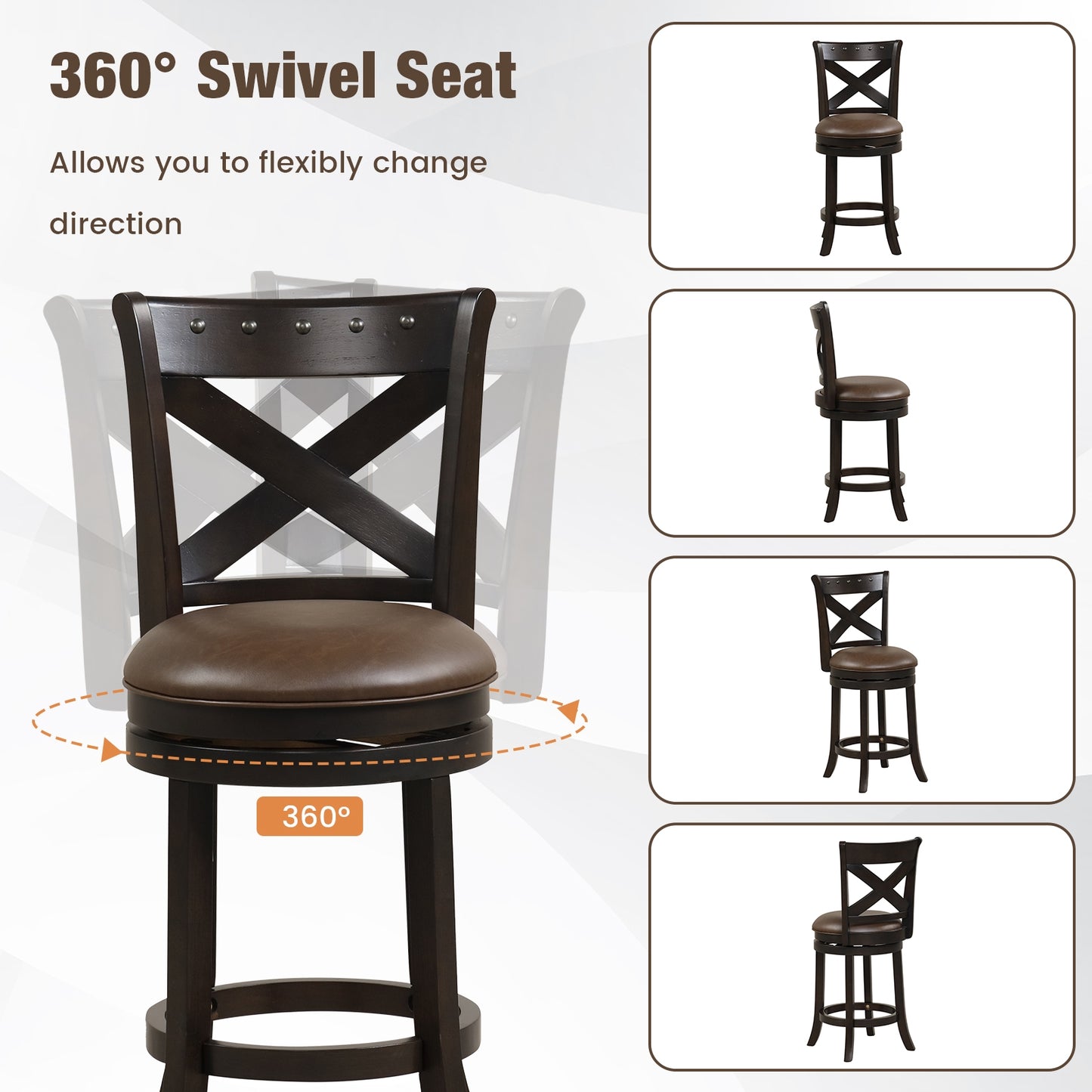 360° Swivel Bar Stool with Curved Backrest and PU Leather Seat with Footrest 26 Inch