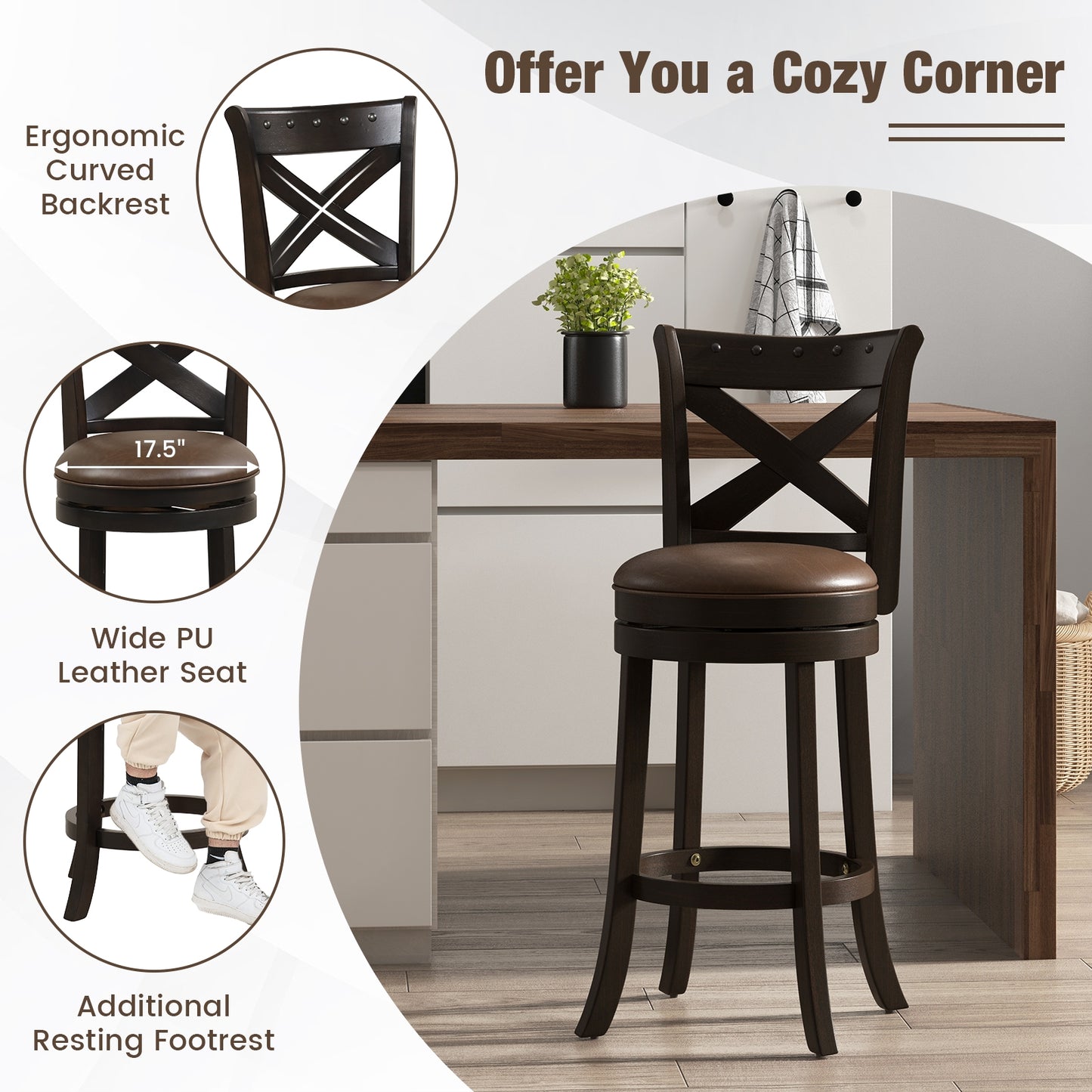 360° Swivel Bar Stool with Curved Backrest and PU Leather Seat with Footrest 31 Inch