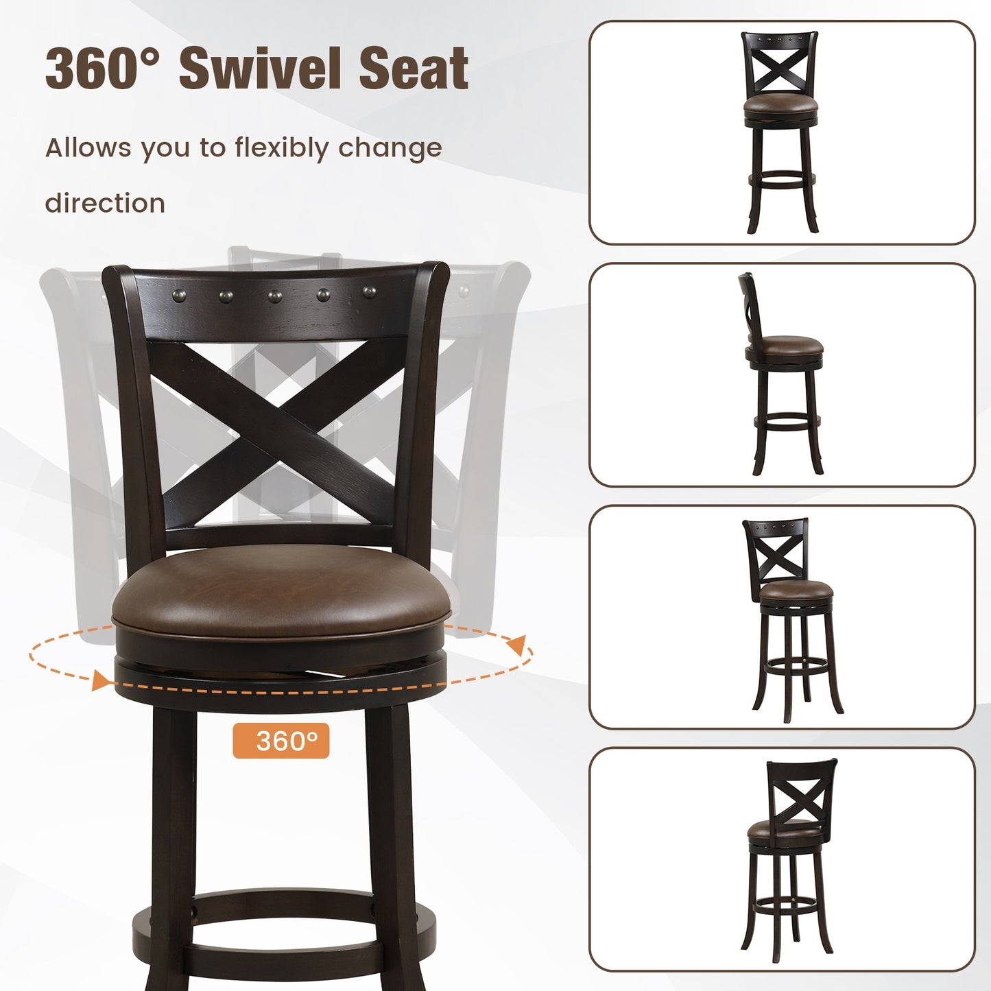 360° Swivel Bar Stool with Curved Backrest and PU Leather Seat with Footrest 31 Inch