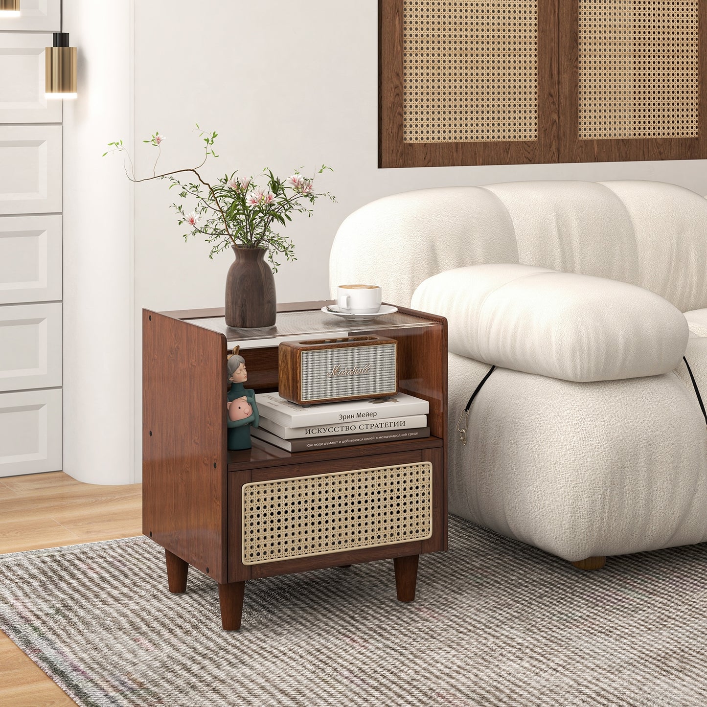 Bamboo and Rattan Nightstand with Drawer and Tempered Glass Top in Brown Finish