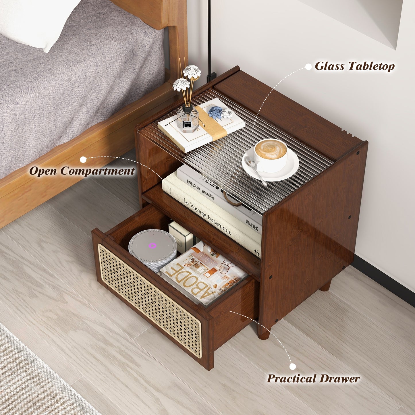 Bamboo and Rattan Nightstand with Drawer and Tempered Glass Top in Brown Finish