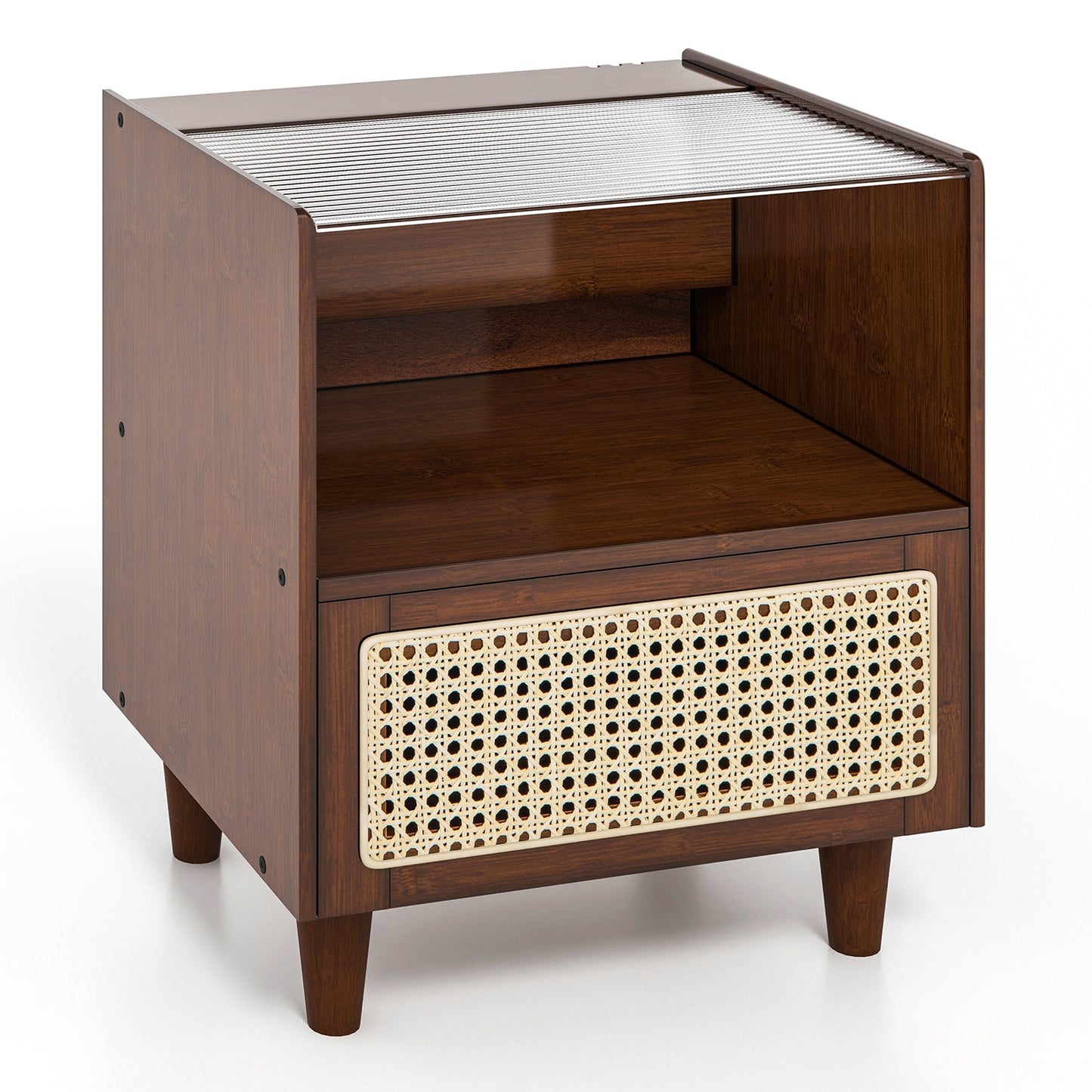 Bamboo and Rattan Nightstand with Drawer and Tempered Glass Top in Brown Finish