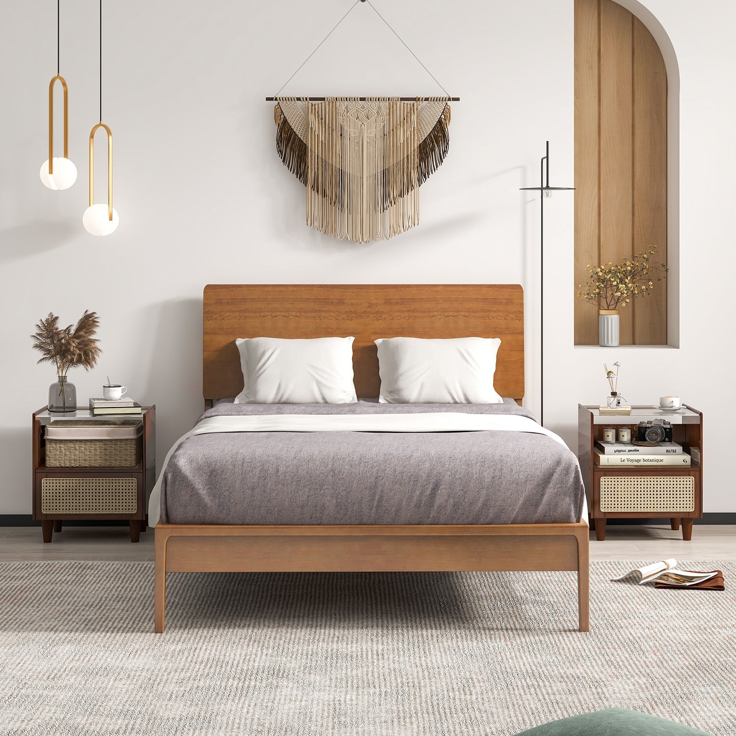 Bamboo and Rattan Nightstand with Drawer and Tempered Glass Top in Brown Finish