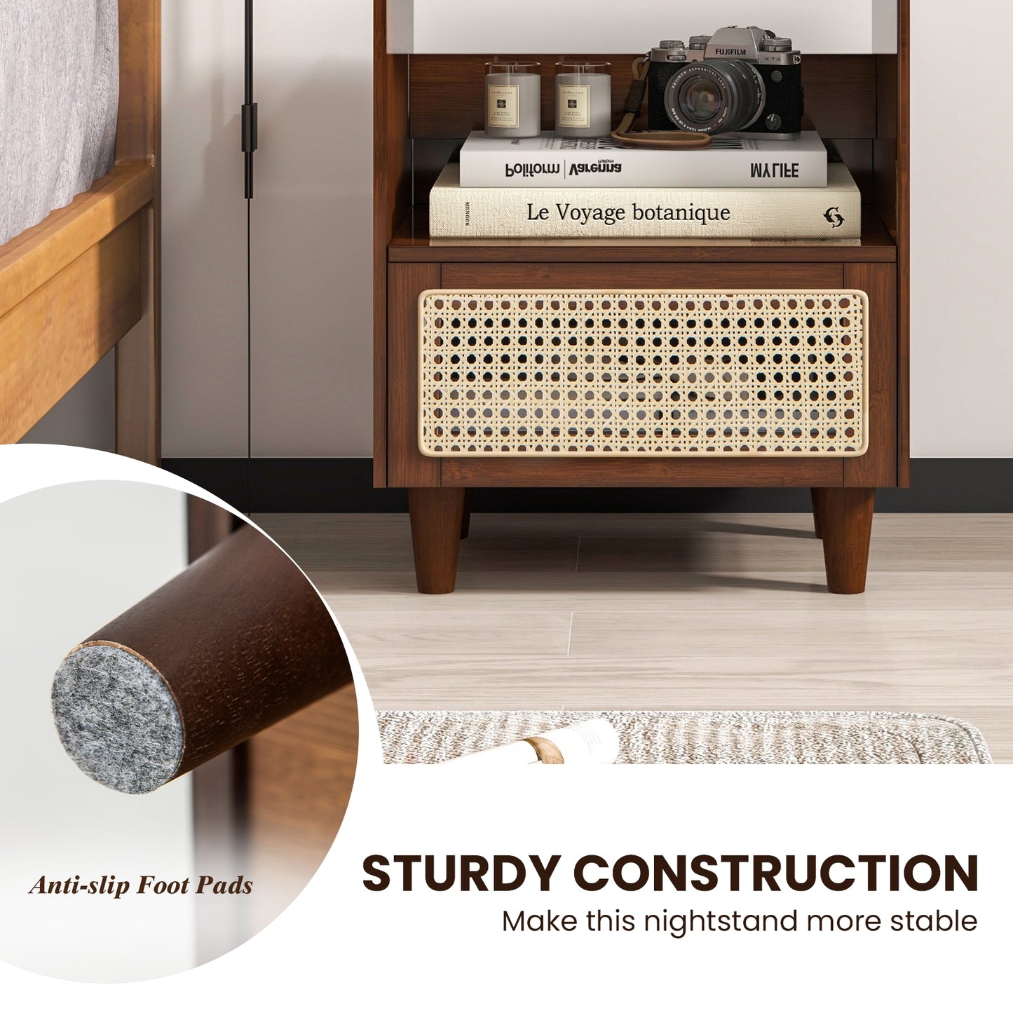 Bamboo and Rattan Nightstand with Drawer and Tempered Glass Top in Brown Finish