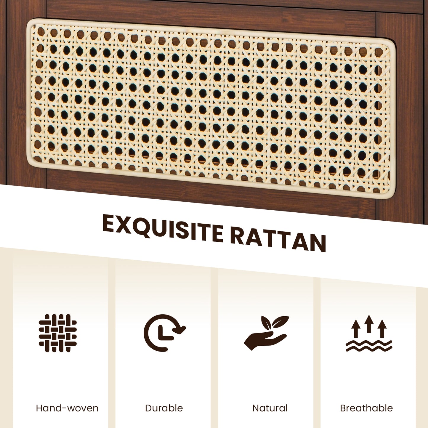 Bamboo and Rattan Nightstand with Drawer and Tempered Glass Top in Brown Finish