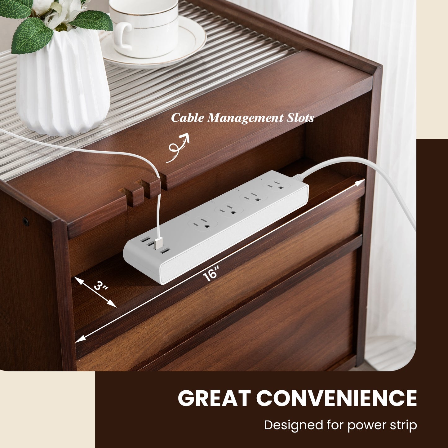 Bamboo and Rattan Nightstand with Drawer and Tempered Glass Top in Brown Finish