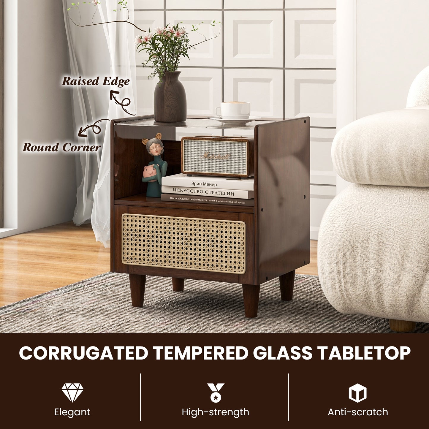 Bamboo and Rattan Nightstand with Drawer and Tempered Glass Top in Brown Finish