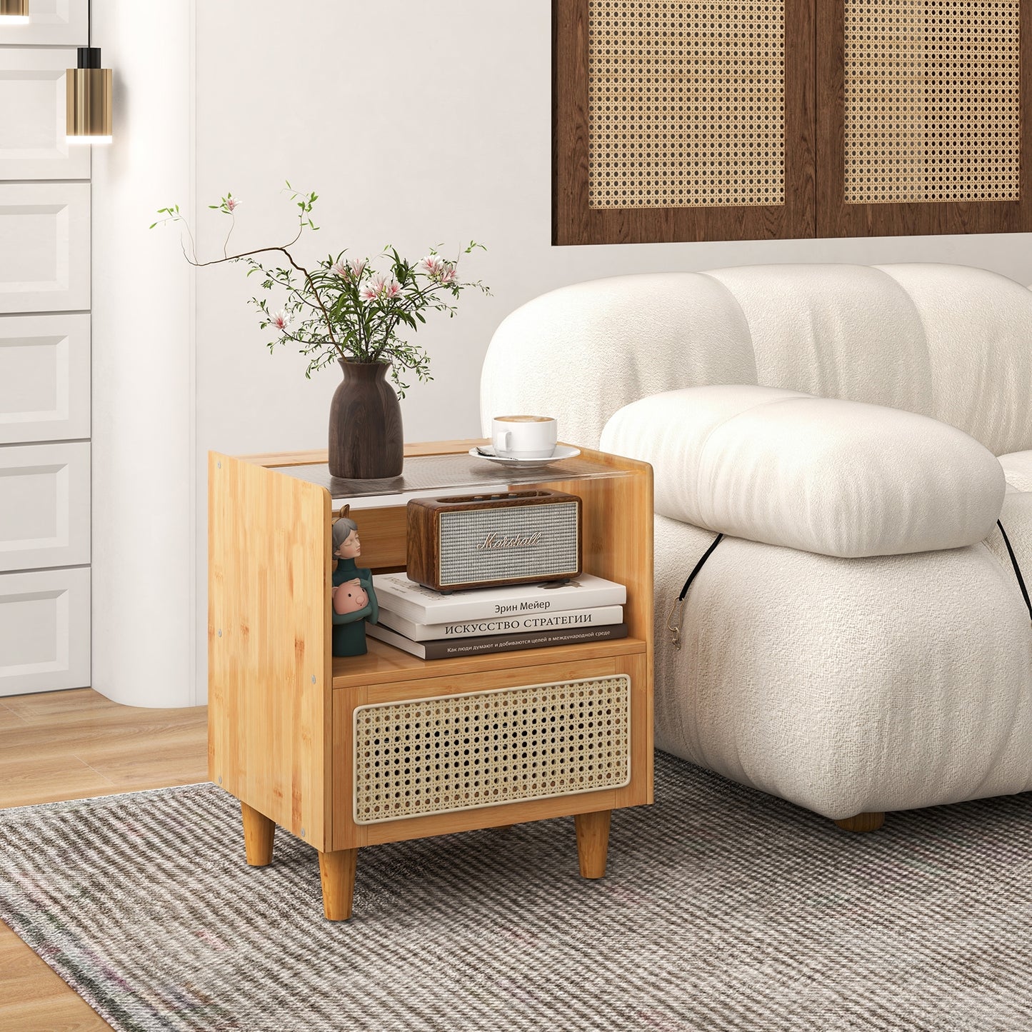 Bamboo and Rattan Nightstand with Drawer and Tempered Glass Top in Natural Finish
