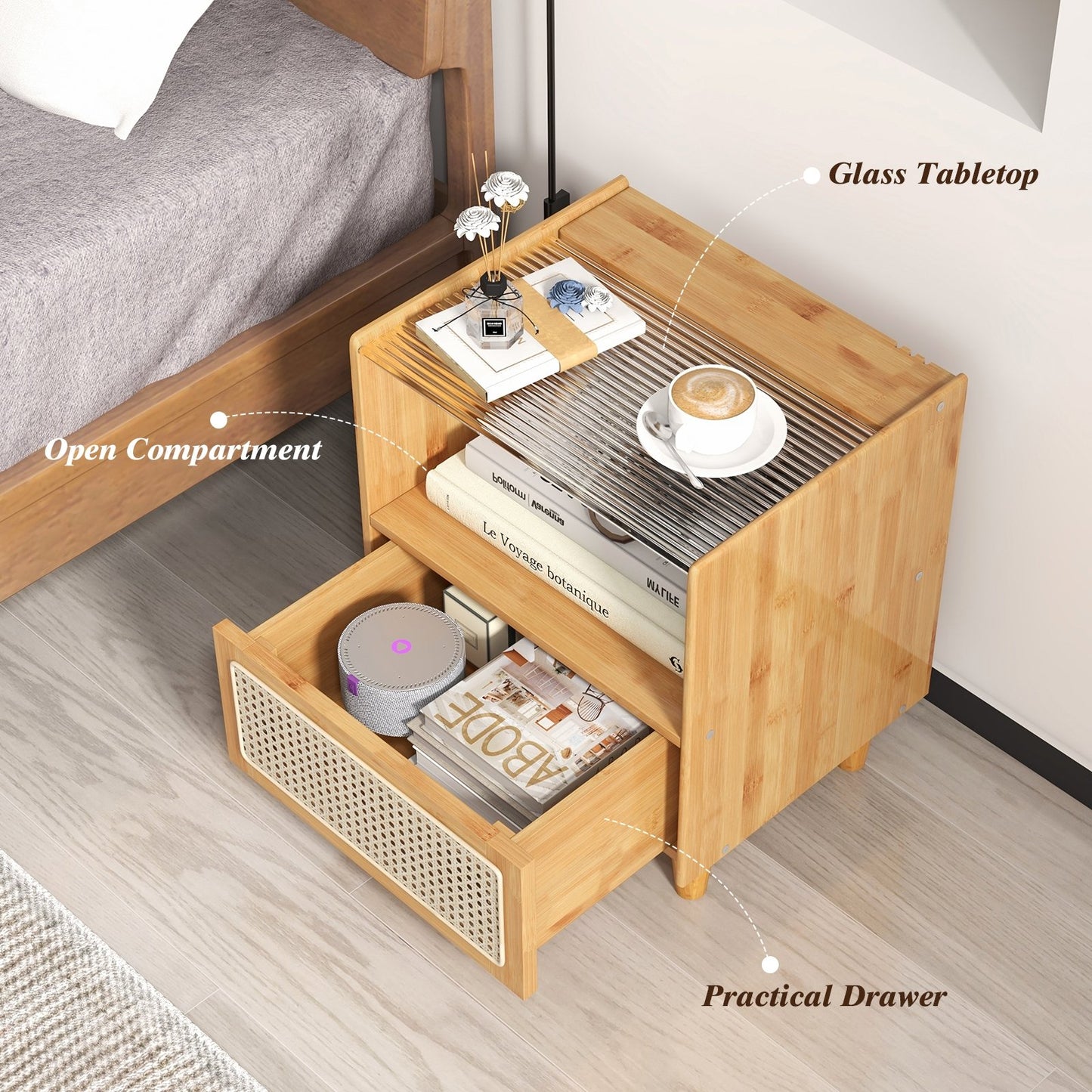 Bamboo and Rattan Nightstand with Drawer and Tempered Glass Top in Natural Finish