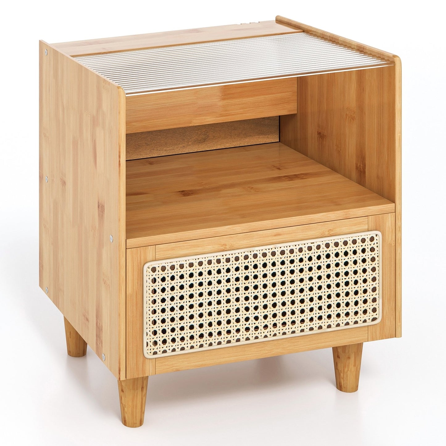Bamboo and Rattan Nightstand with Drawer and Tempered Glass Top in Natural Finish