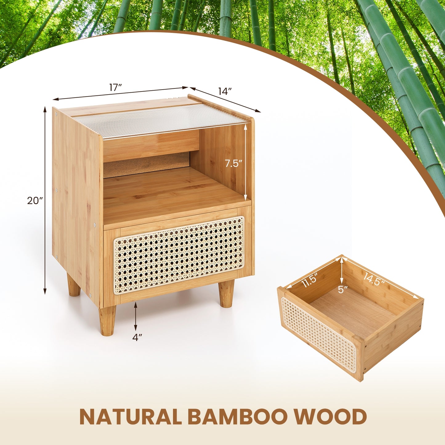Bamboo and Rattan Nightstand with Drawer and Tempered Glass Top in Natural Finish