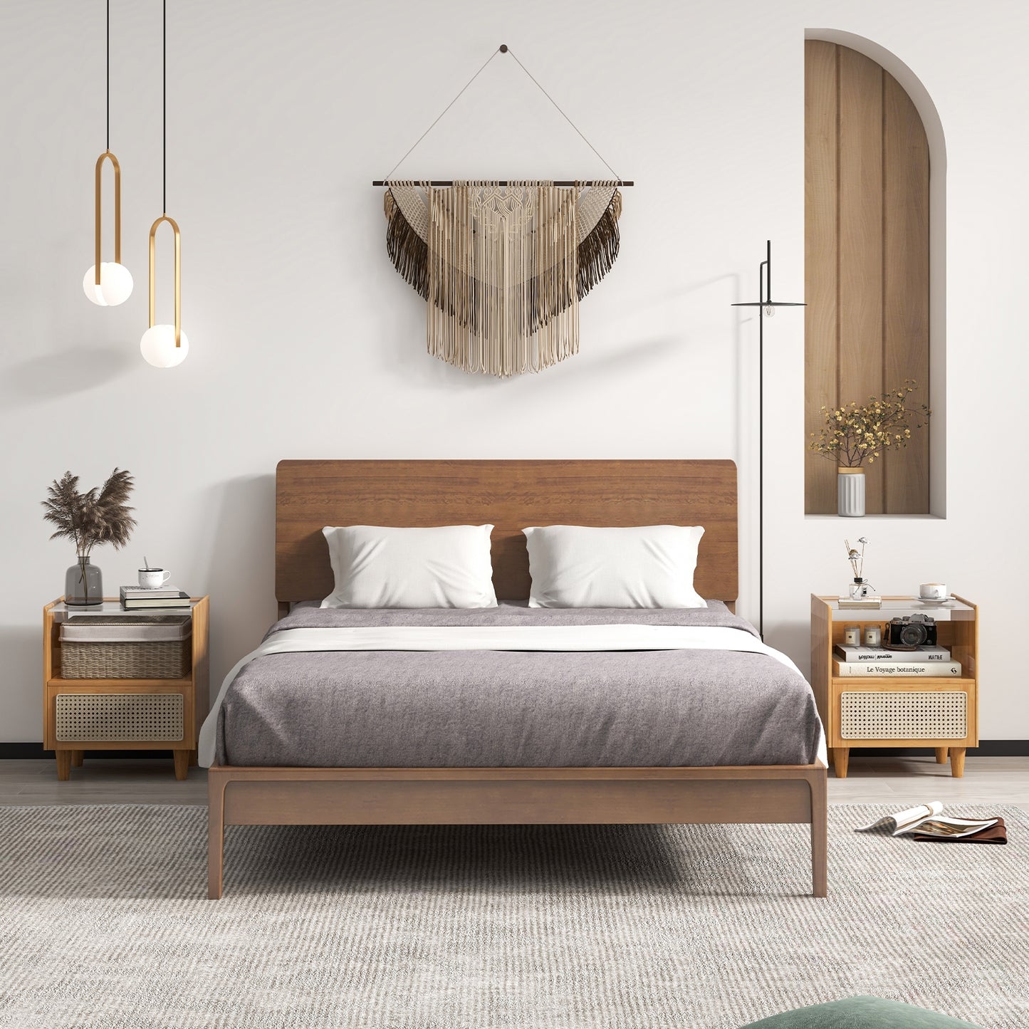 Bamboo and Rattan Nightstand with Drawer and Tempered Glass Top in Natural Finish