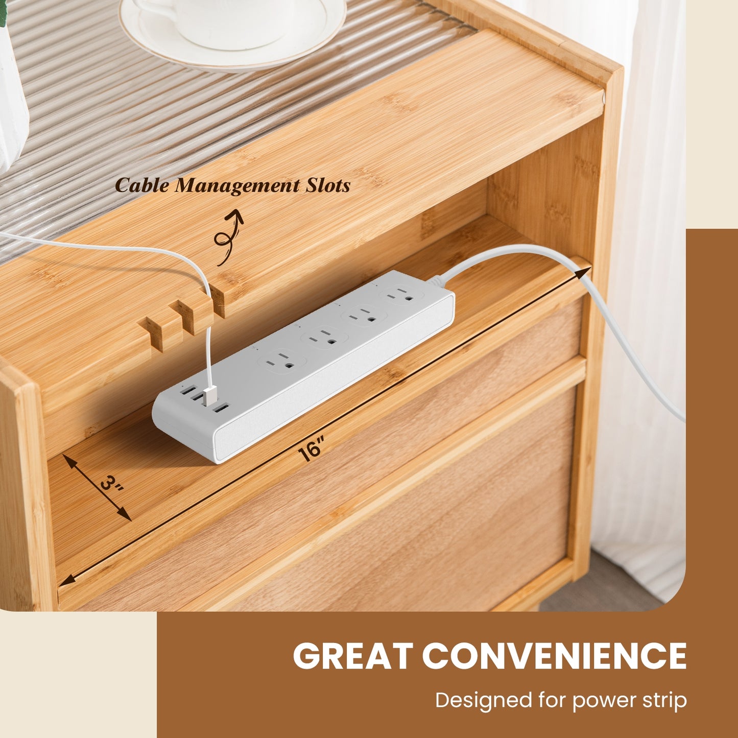Bamboo and Rattan Nightstand with Drawer and Tempered Glass Top in Natural Finish