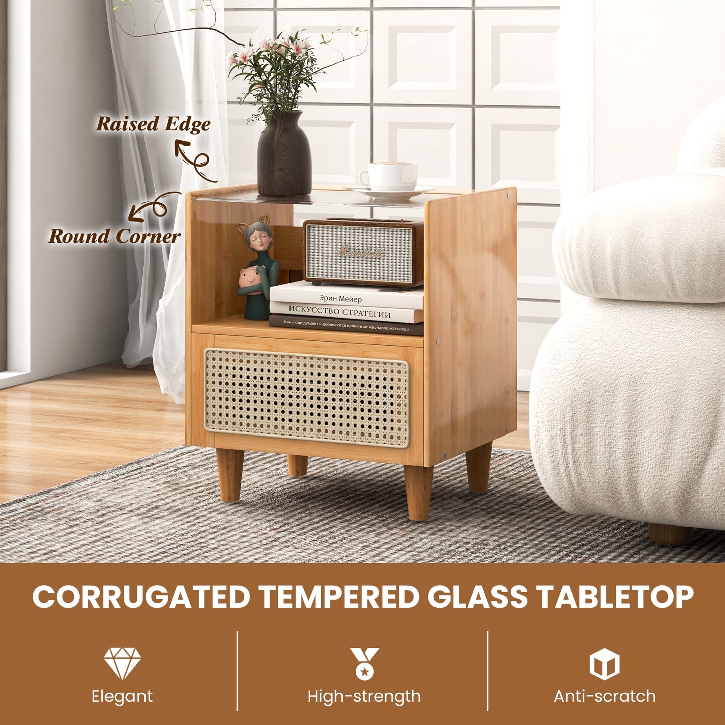 Bamboo and Rattan Nightstand with Drawer and Tempered Glass Top in Natural Finish