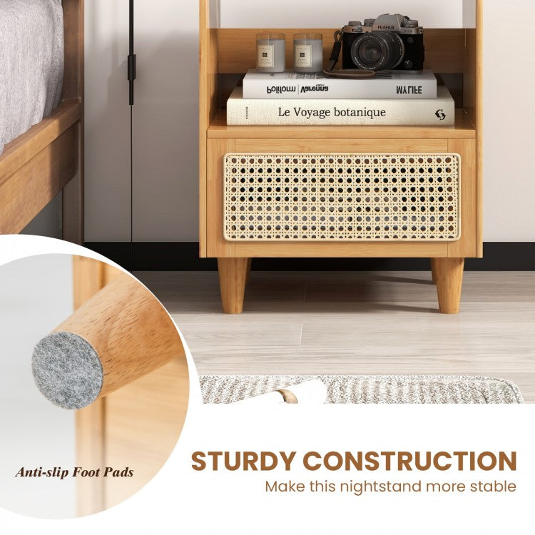 Bamboo and Rattan Nightstand with Drawer and Tempered Glass Top in Natural Finish