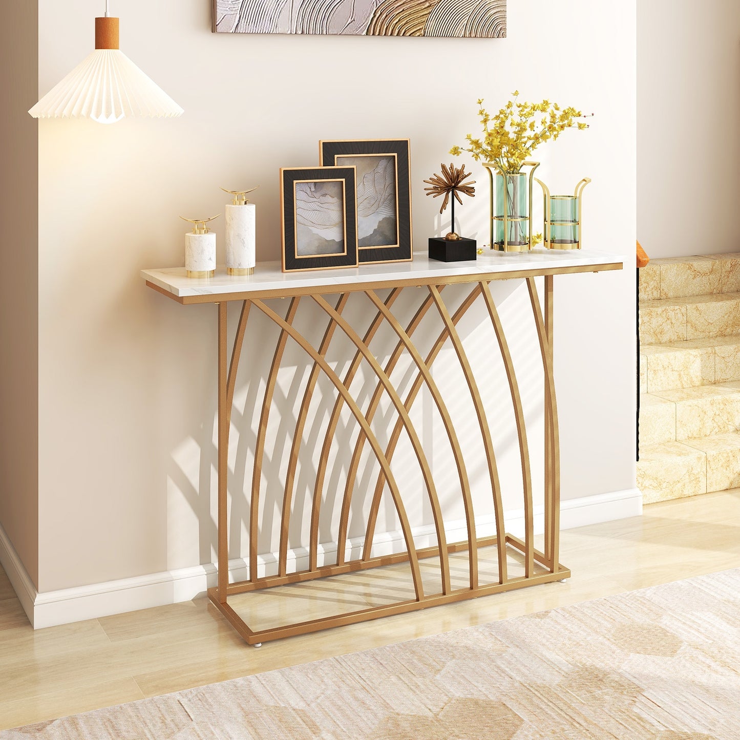 48 Inch White Faux Marble Console Table with Gold Frame