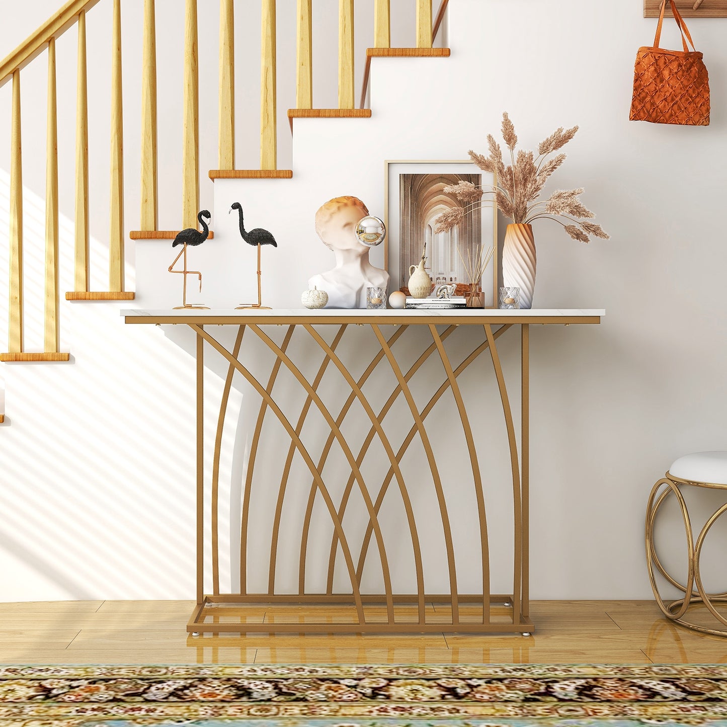 48 Inch White Faux Marble Console Table with Gold Frame
