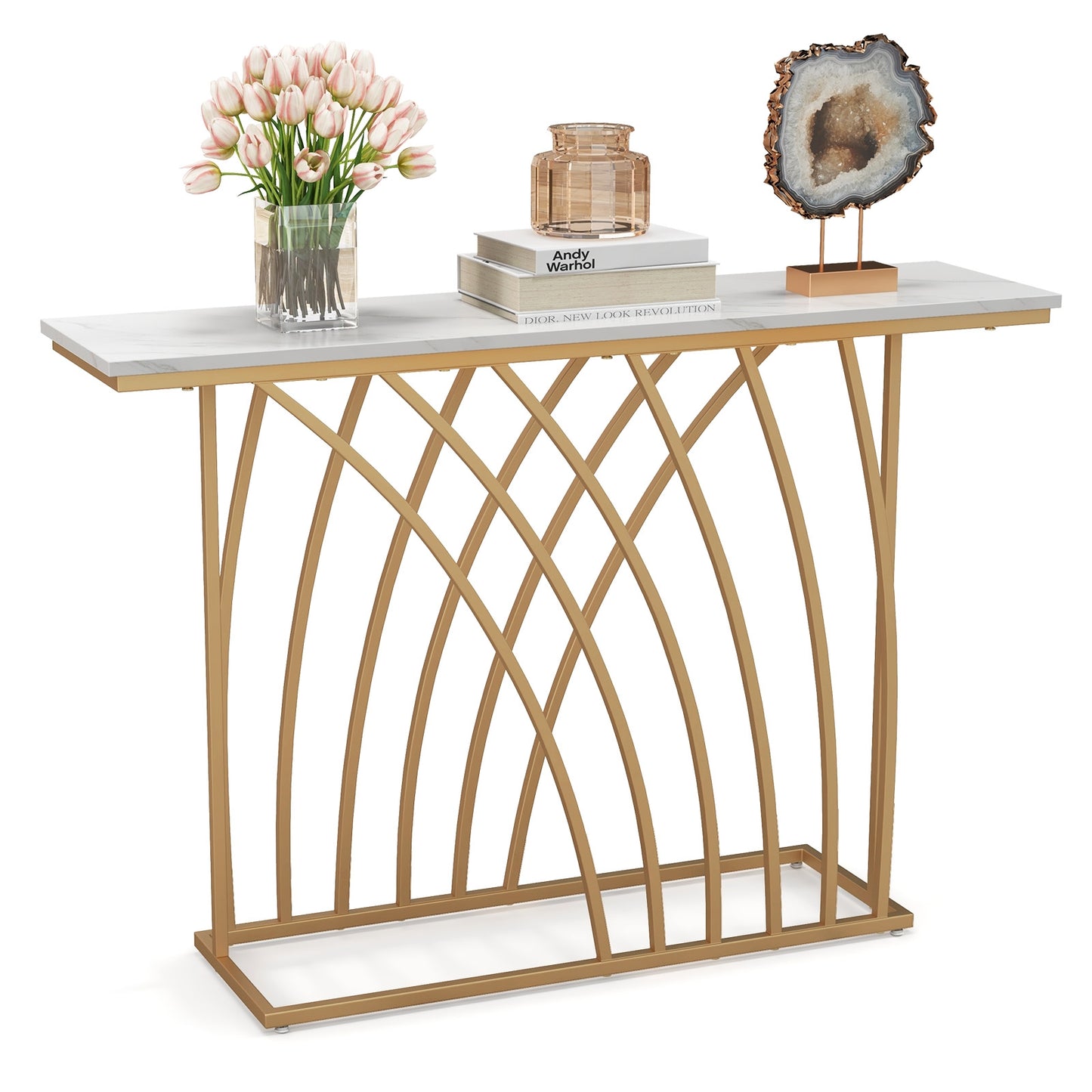 48 Inch White Faux Marble Console Table with Gold Frame