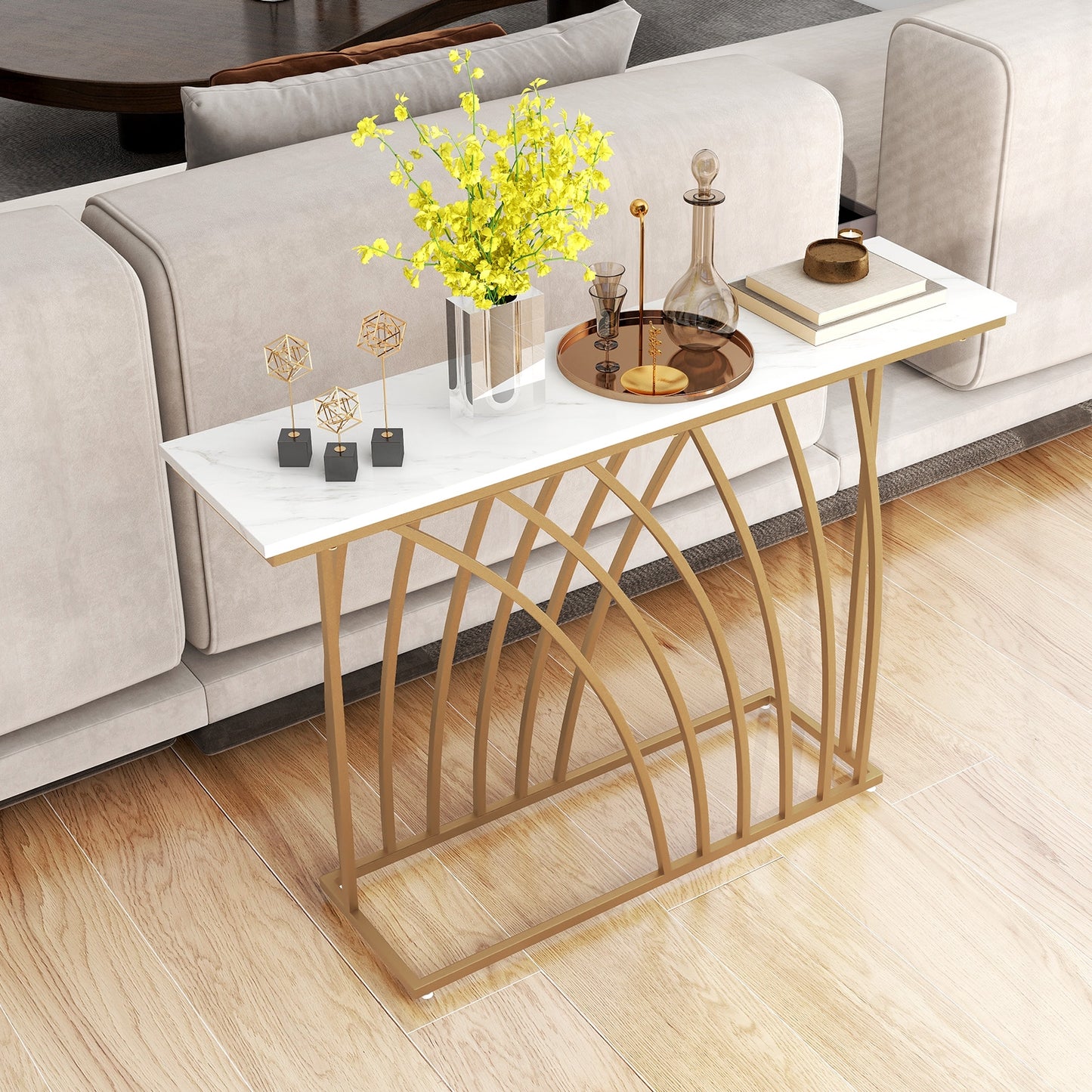 48 Inch White Faux Marble Console Table with Gold Frame