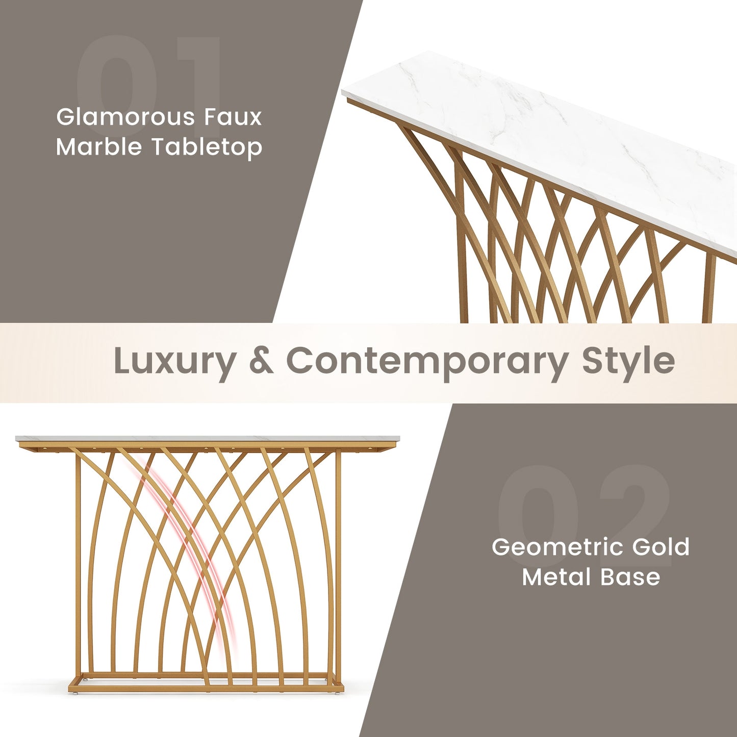 48 Inch White Faux Marble Console Table with Gold Frame