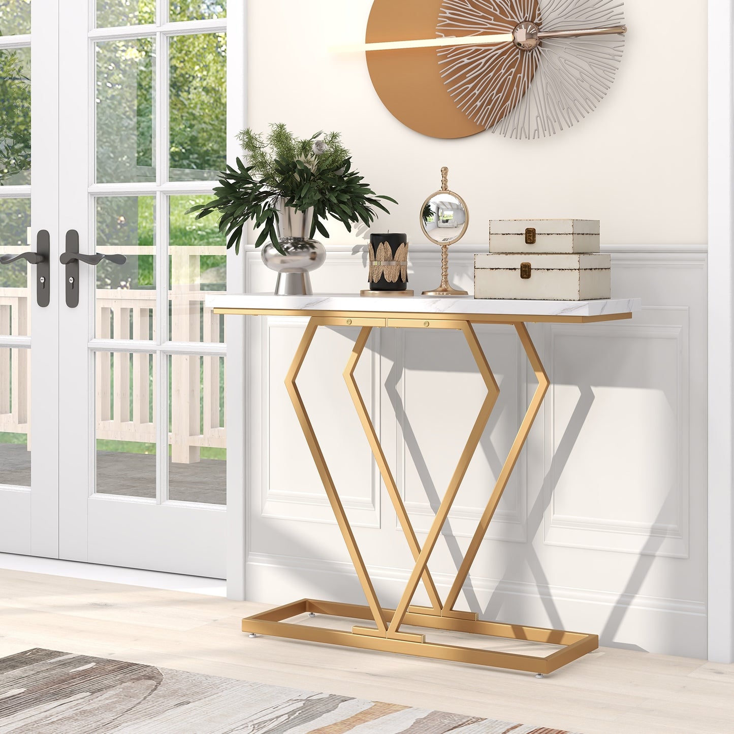 Diamond Frame Gold Console Table for Entryway & Living Room