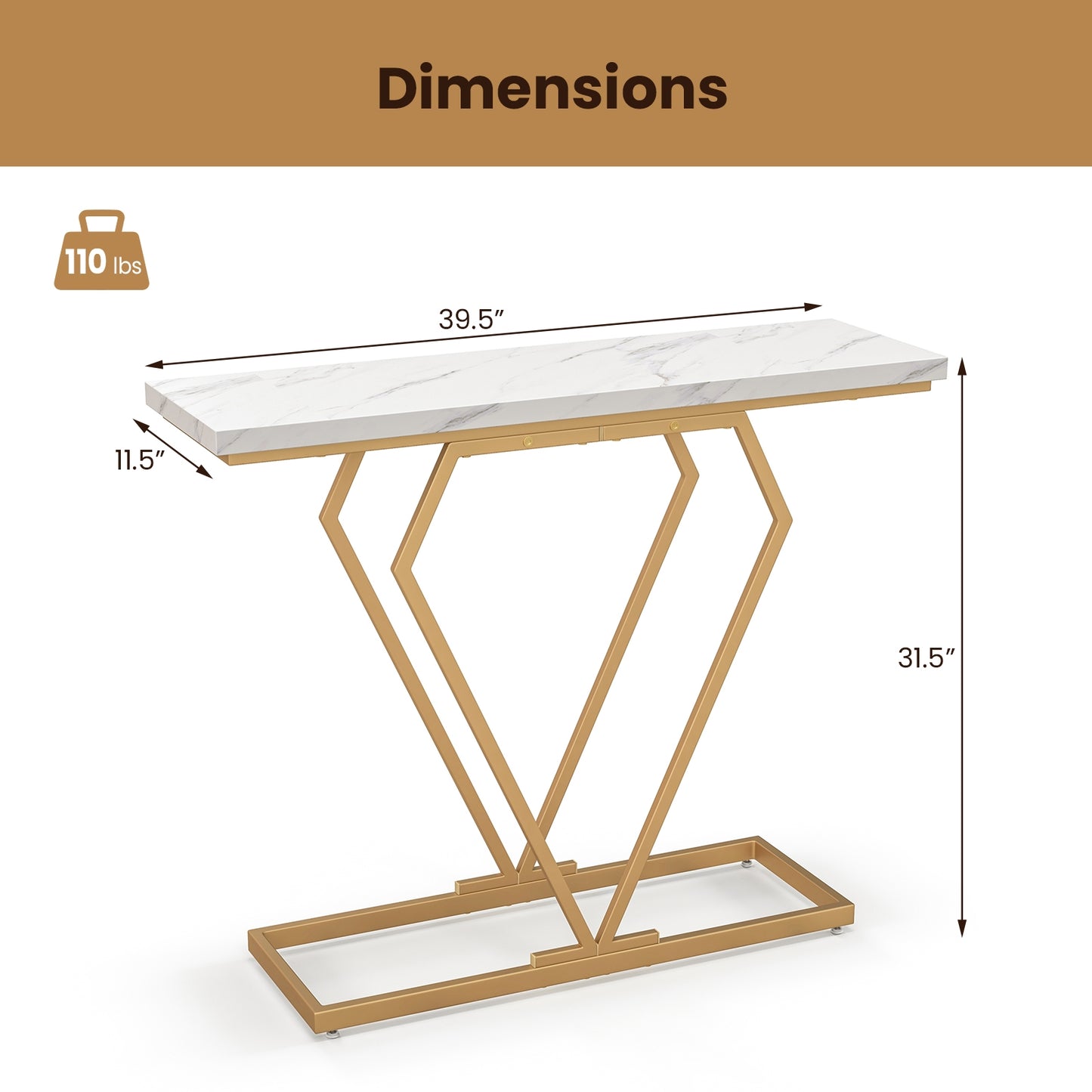 Diamond Frame Gold Console Table for Entryway & Living Room