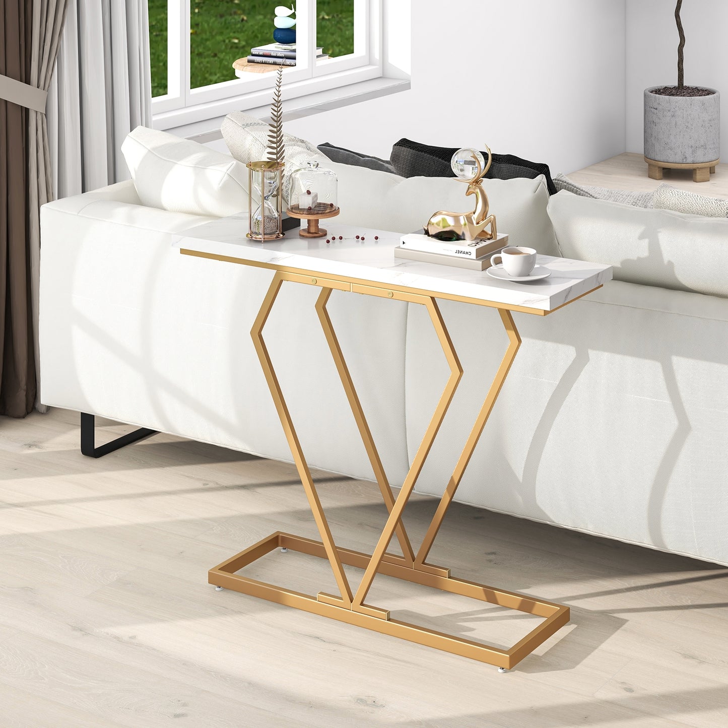 Diamond Frame Gold Console Table for Entryway & Living Room