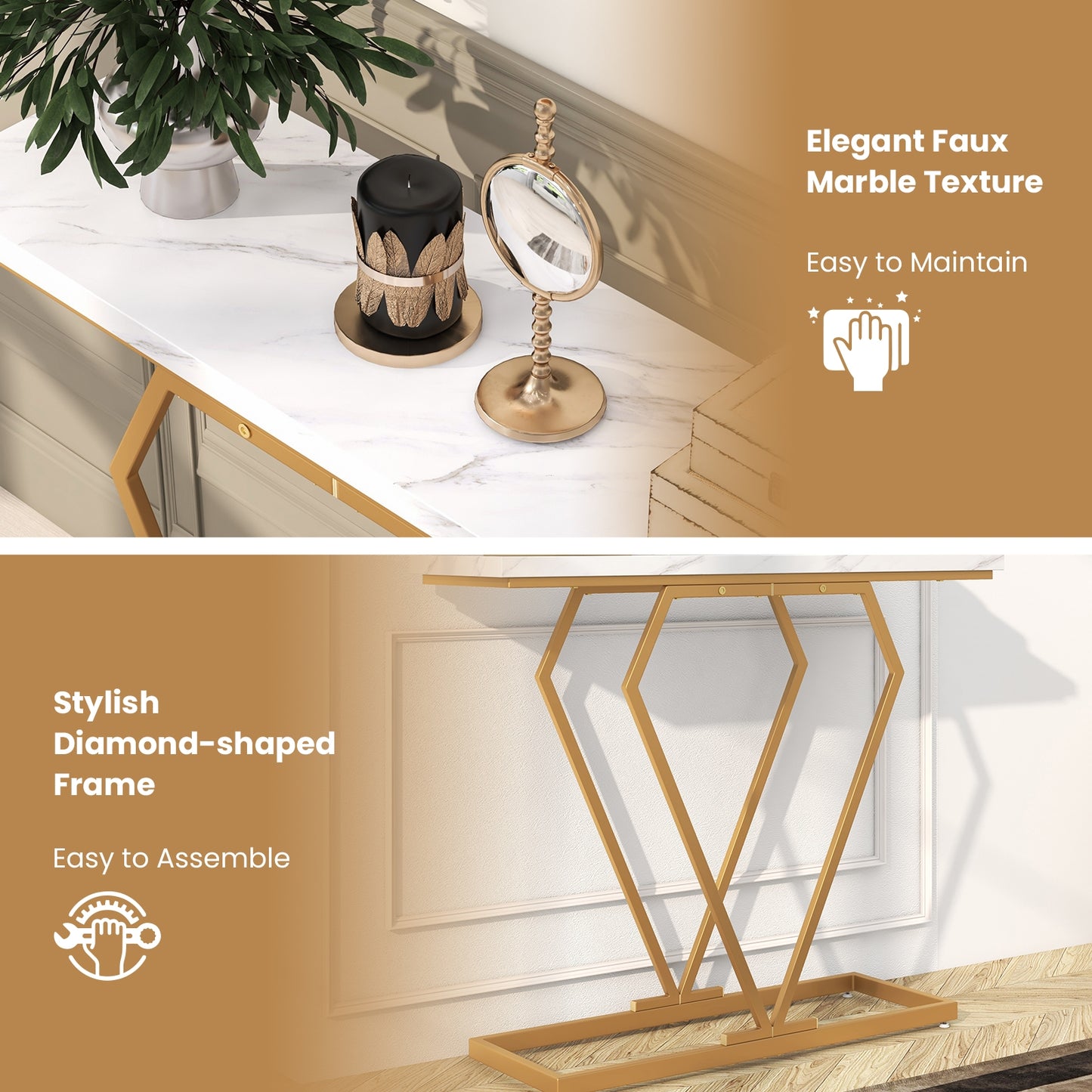 Diamond Frame Gold Console Table for Entryway & Living Room