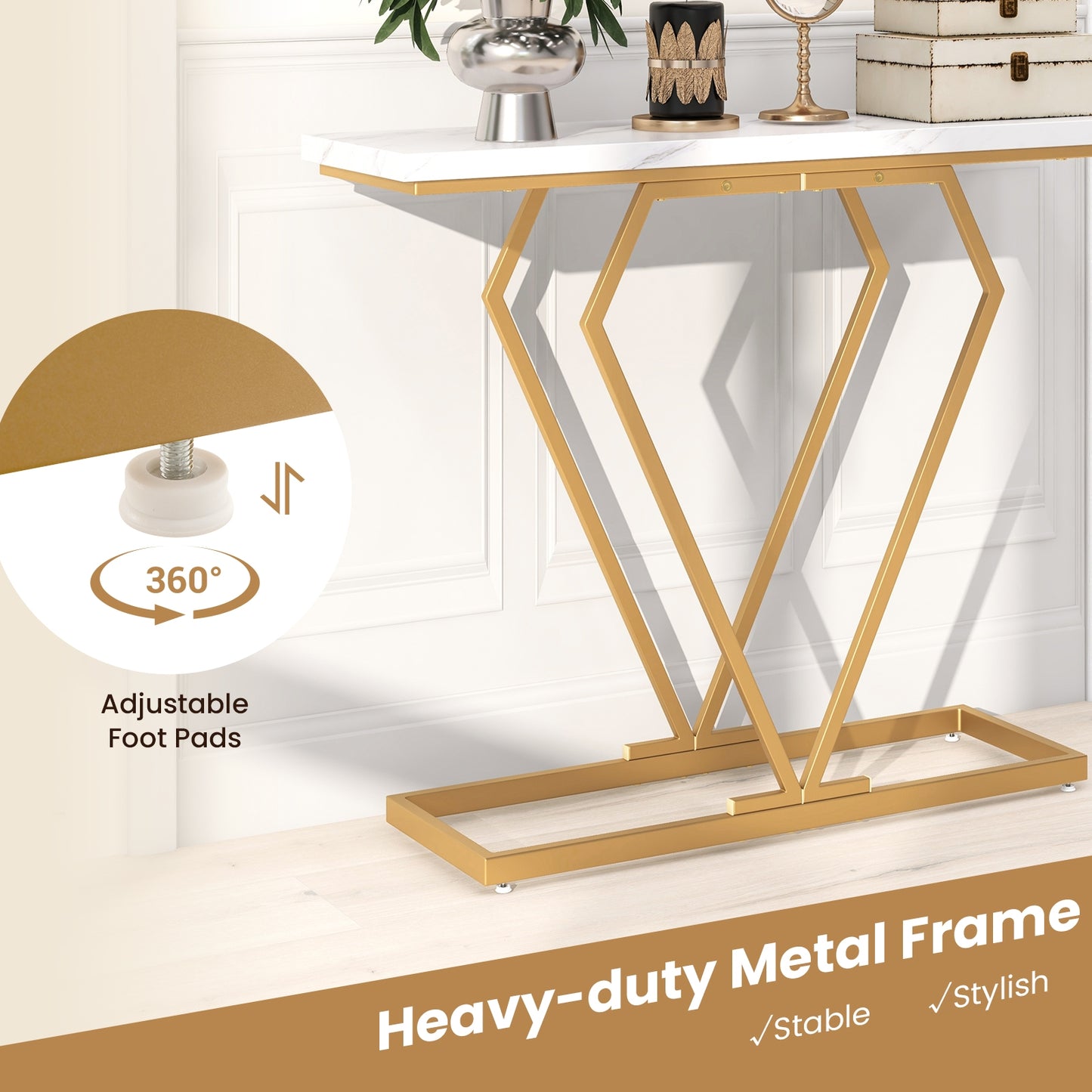Diamond Frame Gold Console Table for Entryway & Living Room