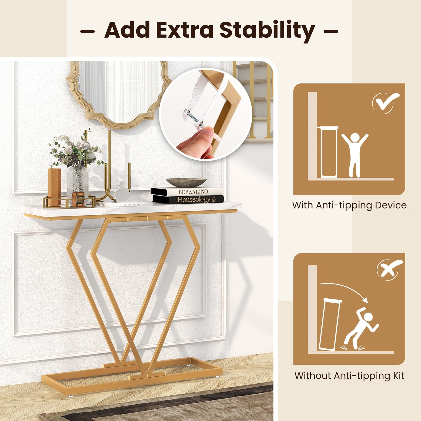 Diamond Frame Gold Console Table for Entryway & Living Room