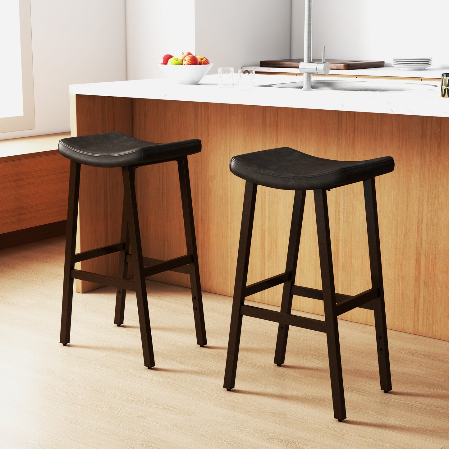 Set of 2 PU Leather Saddle Bar Stools with Footrest and Upholstered Seat