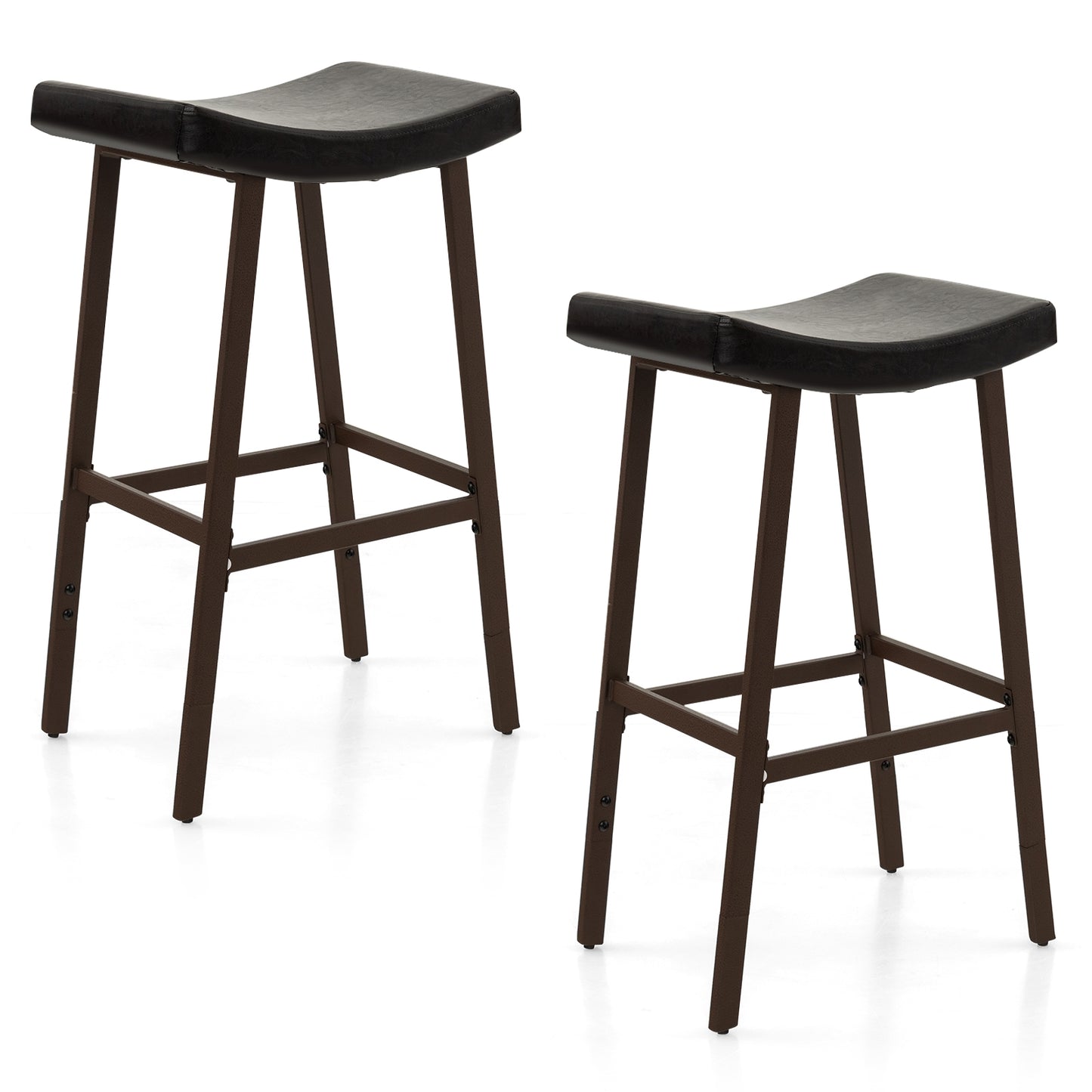 Set of 2 PU Leather Saddle Bar Stools with Footrest and Upholstered Seat