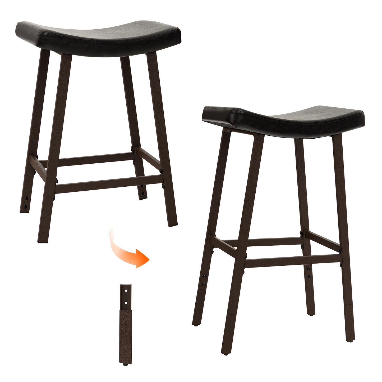 Set of 2 PU Leather Saddle Bar Stools with Footrest and Upholstered Seat