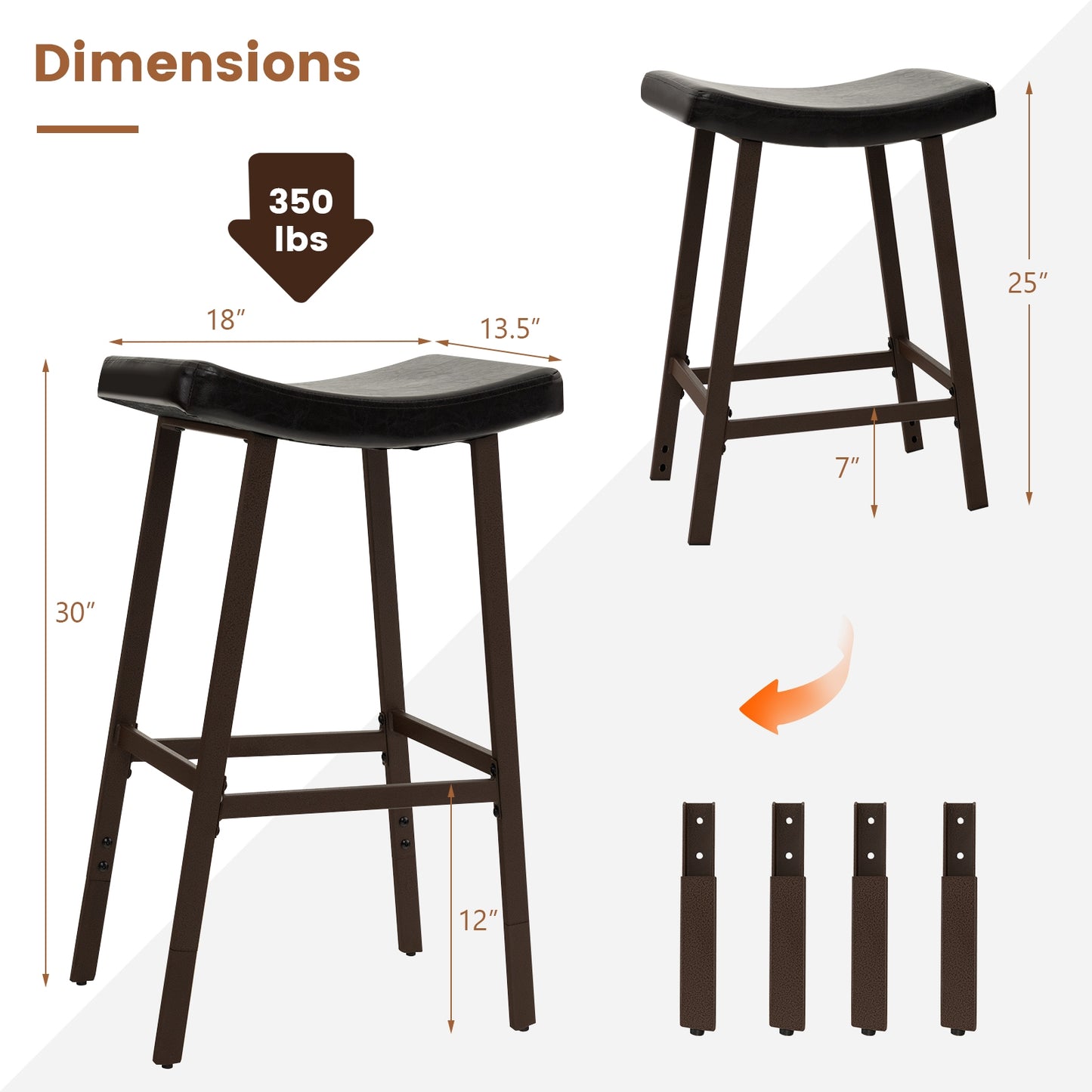 Set of 2 PU Leather Saddle Bar Stools with Footrest and Upholstered Seat
