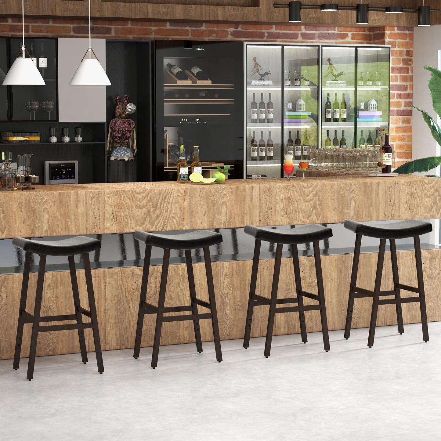 Set of 2 PU Leather Saddle Bar Stools with Footrest and Upholstered Seat