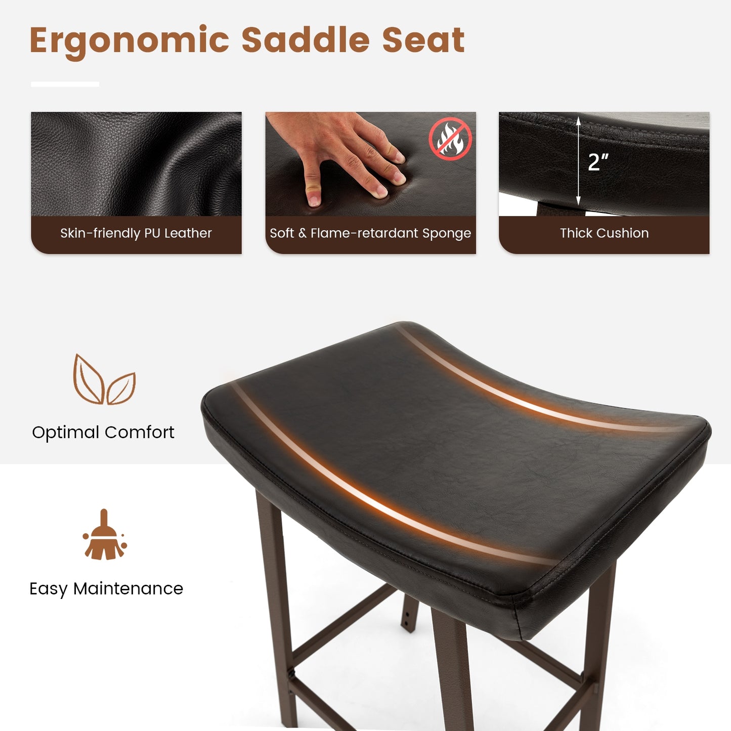Set of 2 PU Leather Saddle Bar Stools with Footrest and Upholstered Seat