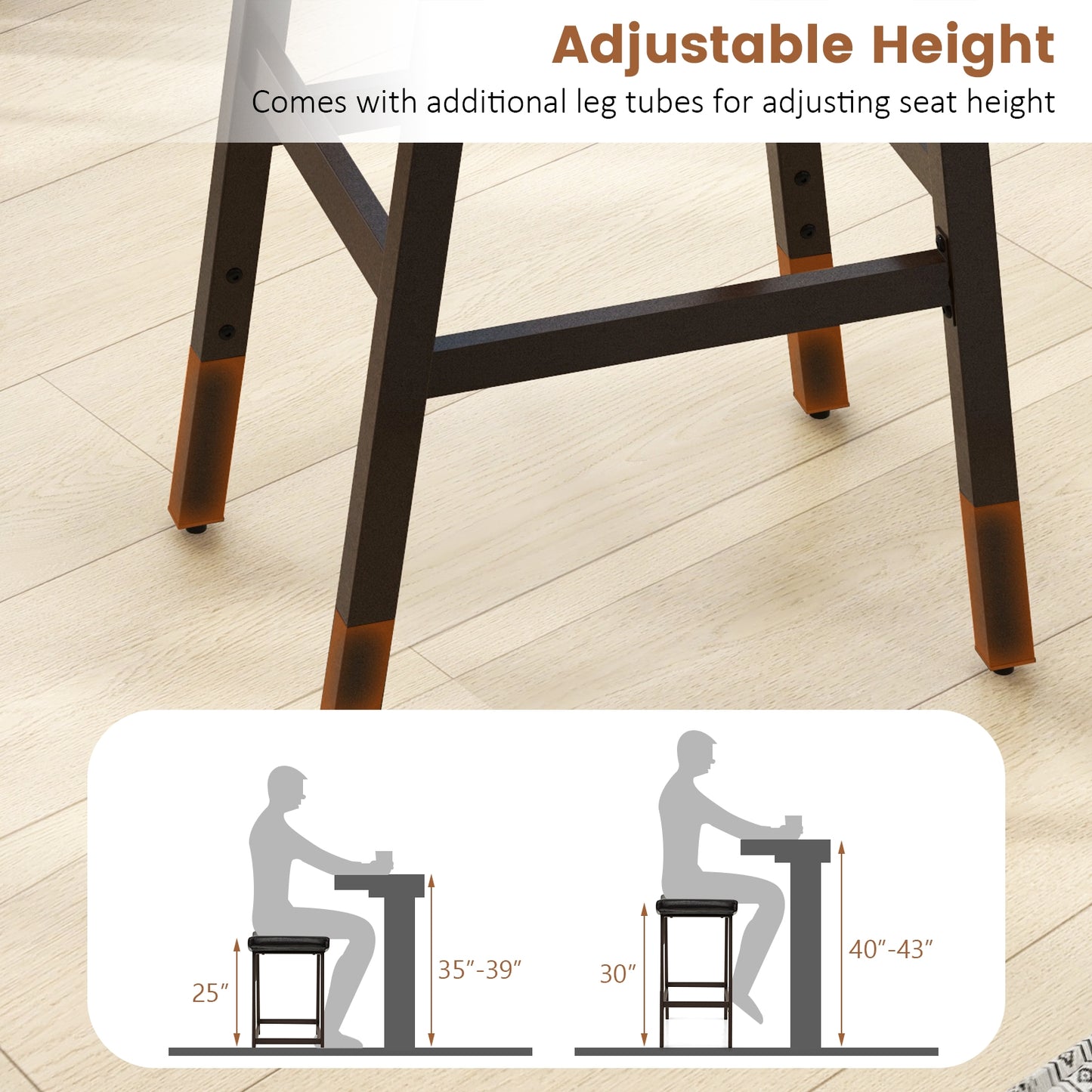 Set of 2 PU Leather Saddle Bar Stools with Footrest and Upholstered Seat