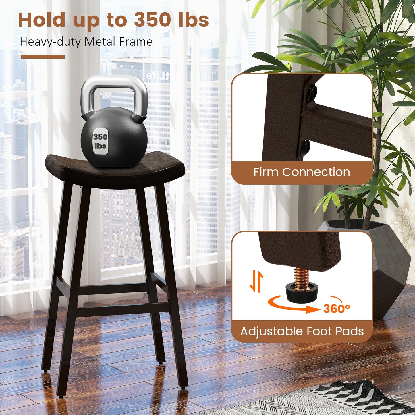 Set of 2 PU Leather Saddle Bar Stools with Footrest and Upholstered Seat