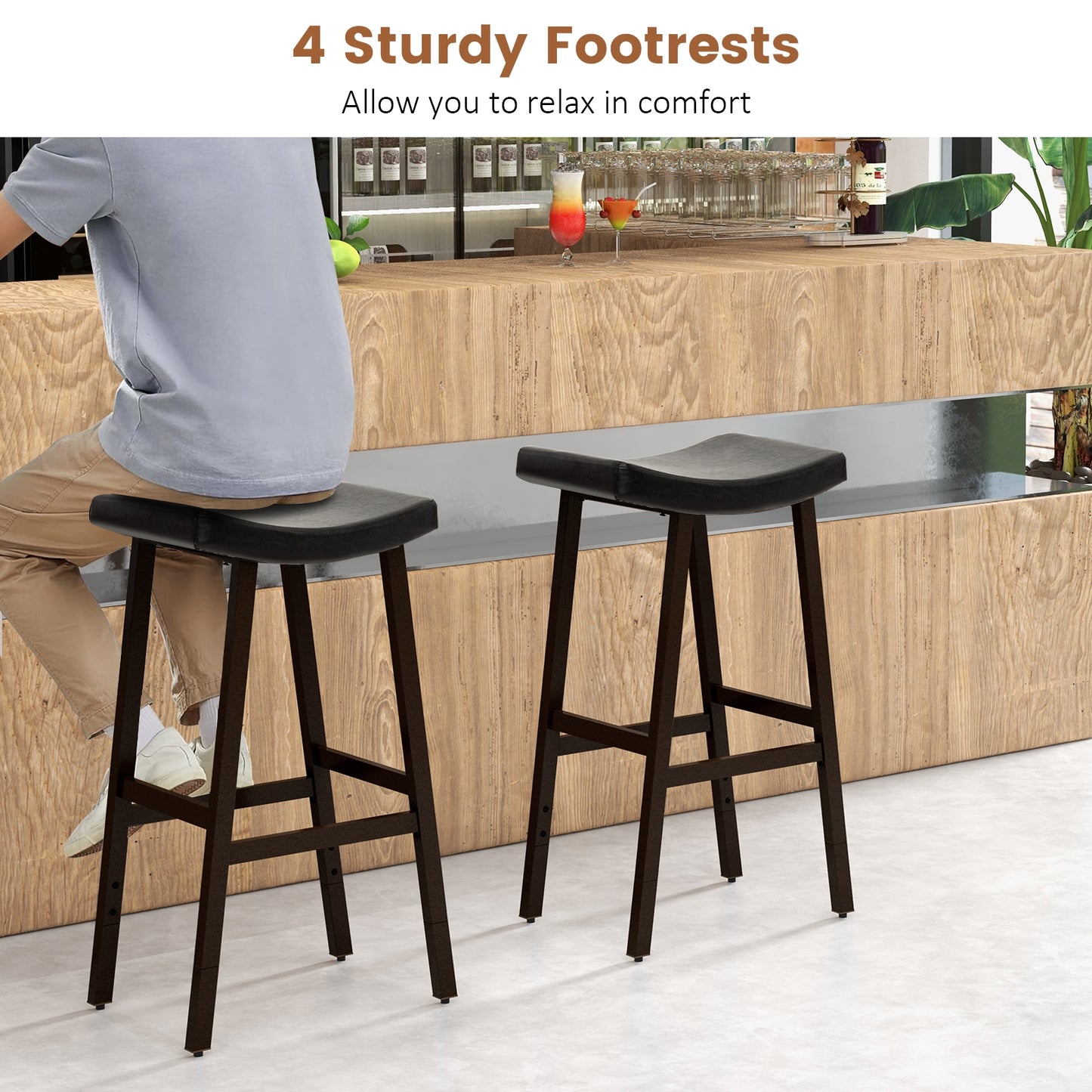 Set of 2 PU Leather Saddle Bar Stools with Footrest and Upholstered Seat